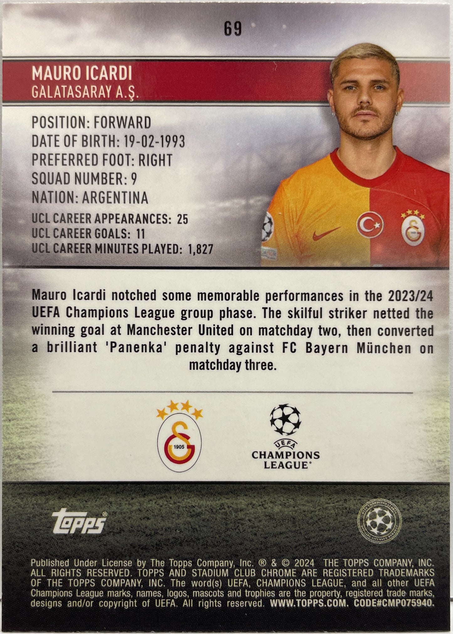 Mauro Icardi 93/99 Neon Green X-Fractor Topps Chrome Stadium Club 2023/24