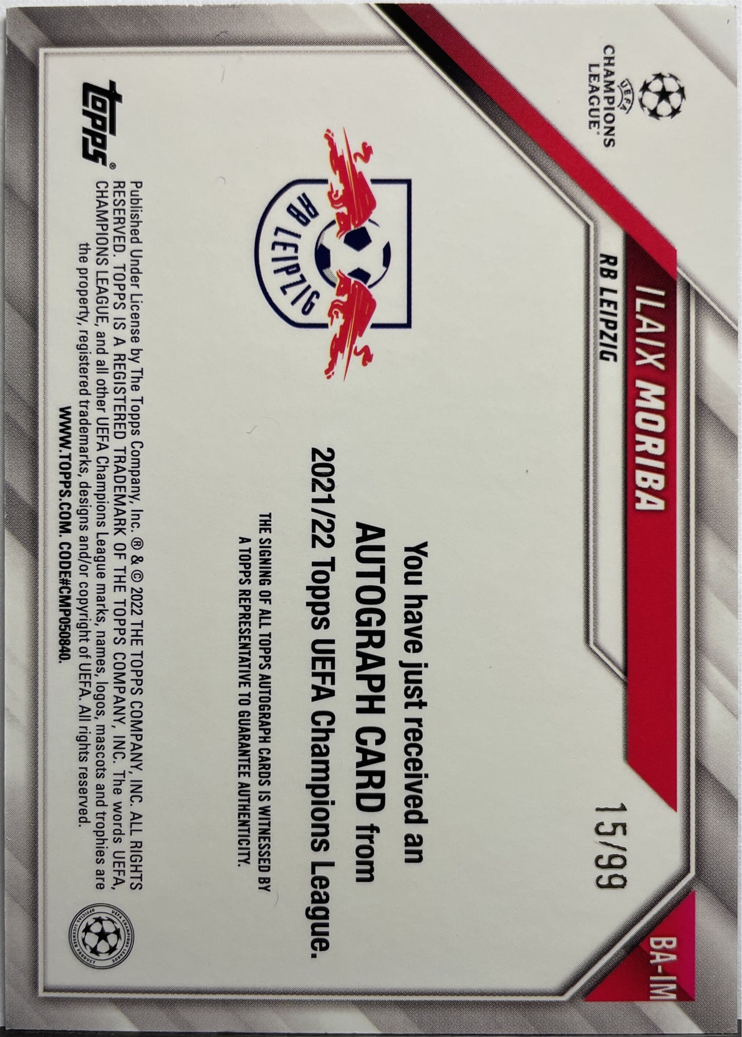 Ilaix Moriba 15/99 Rookie Autograph Topps UCL 2021/22