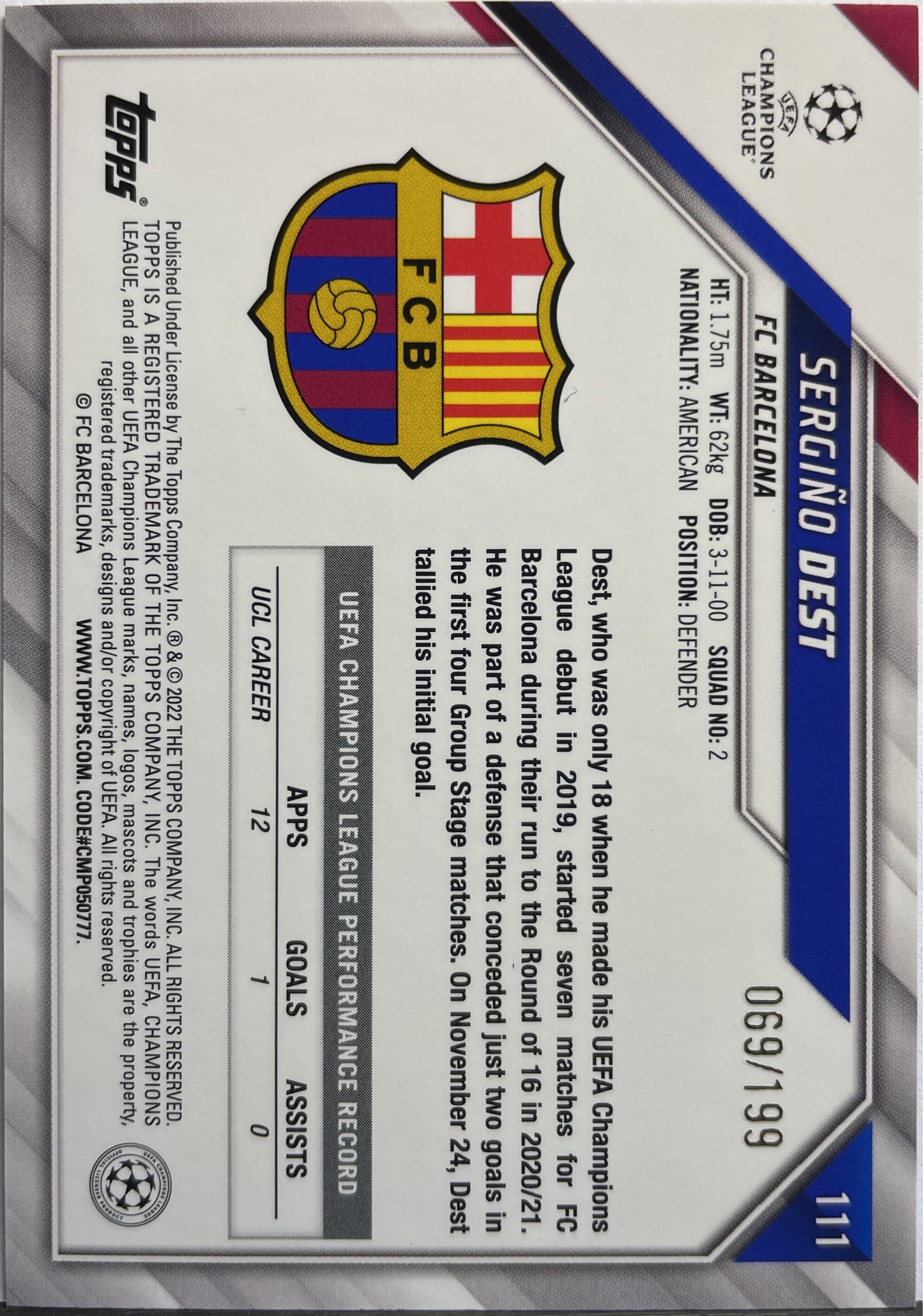 Sergino Dest 69/199 Topps UCL 2021/22