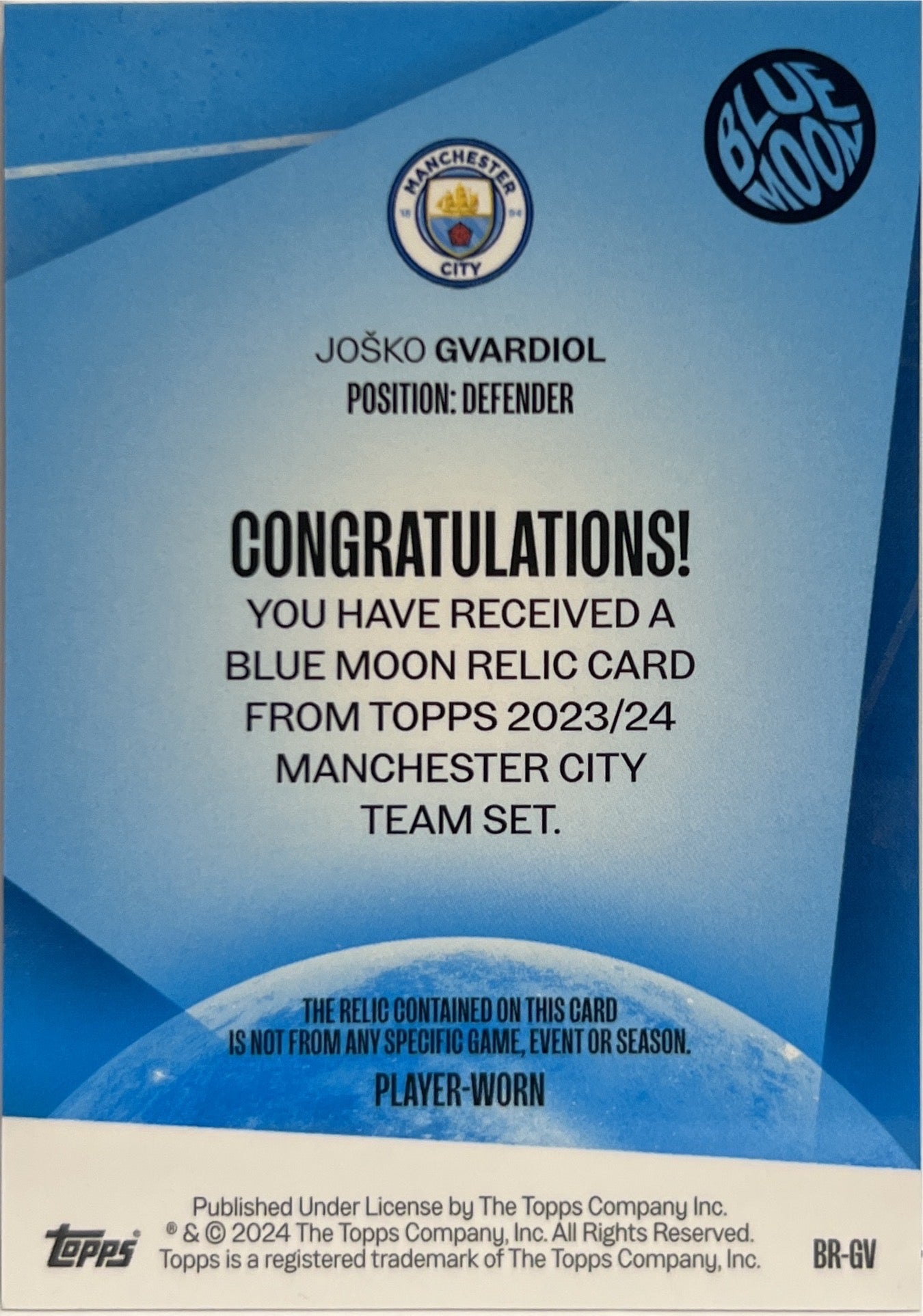 Josko Gvardiol Patch Blue Moon Topps Manchester City Team Set 2023/24