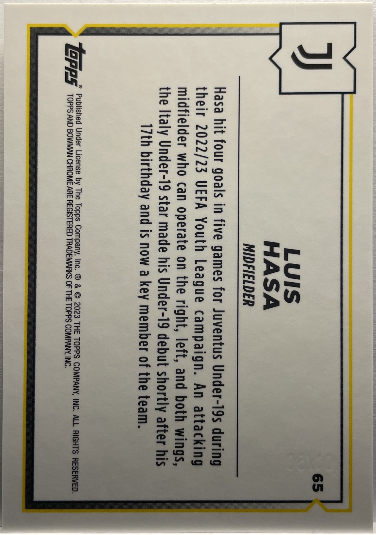 Luis Hasa 17/50 1ST Bowman Gold Topps Chrome Juventus 2022/23