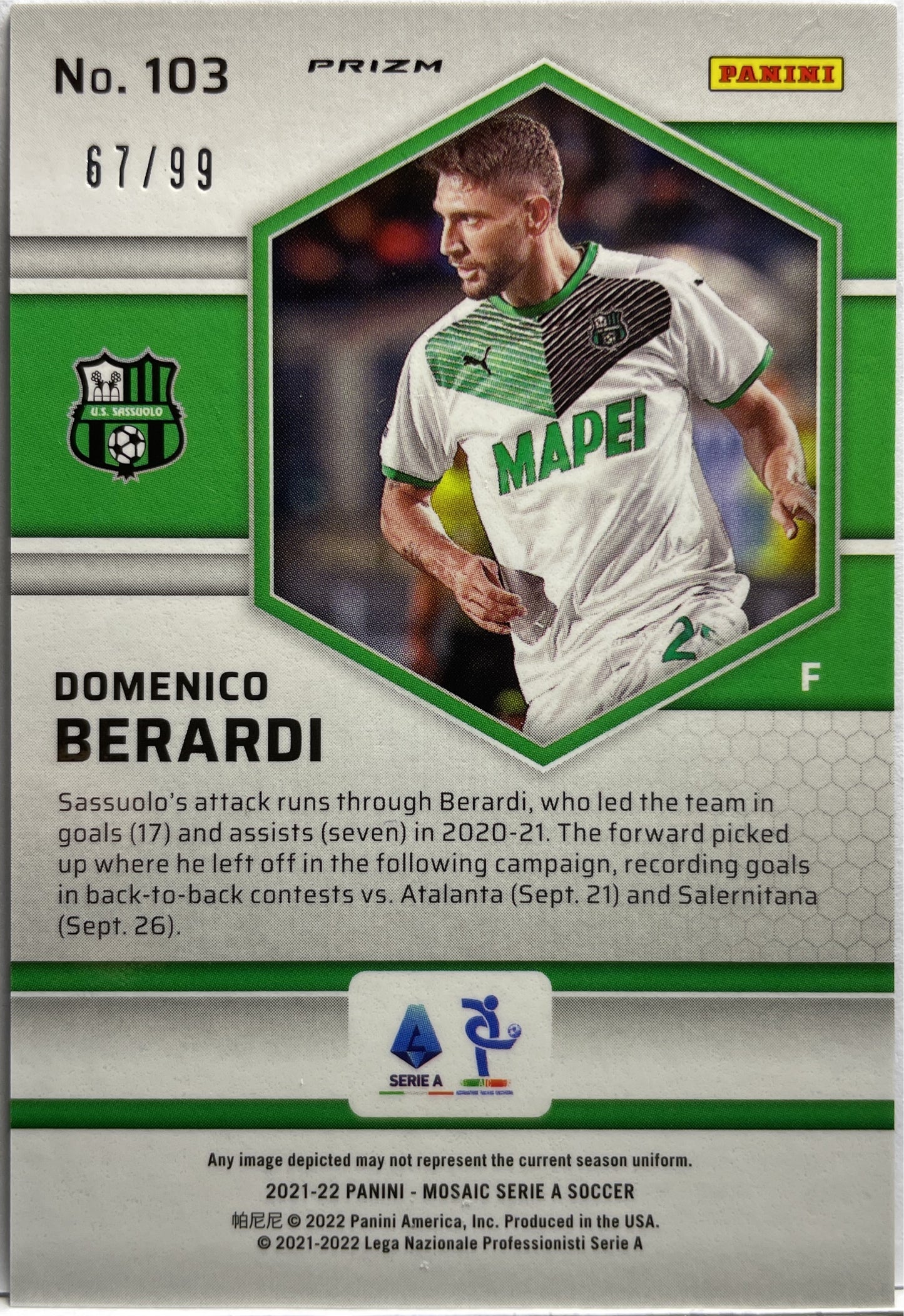 Domenico Berardi 67/99 Blue Mosaic Serie A 2021/22
