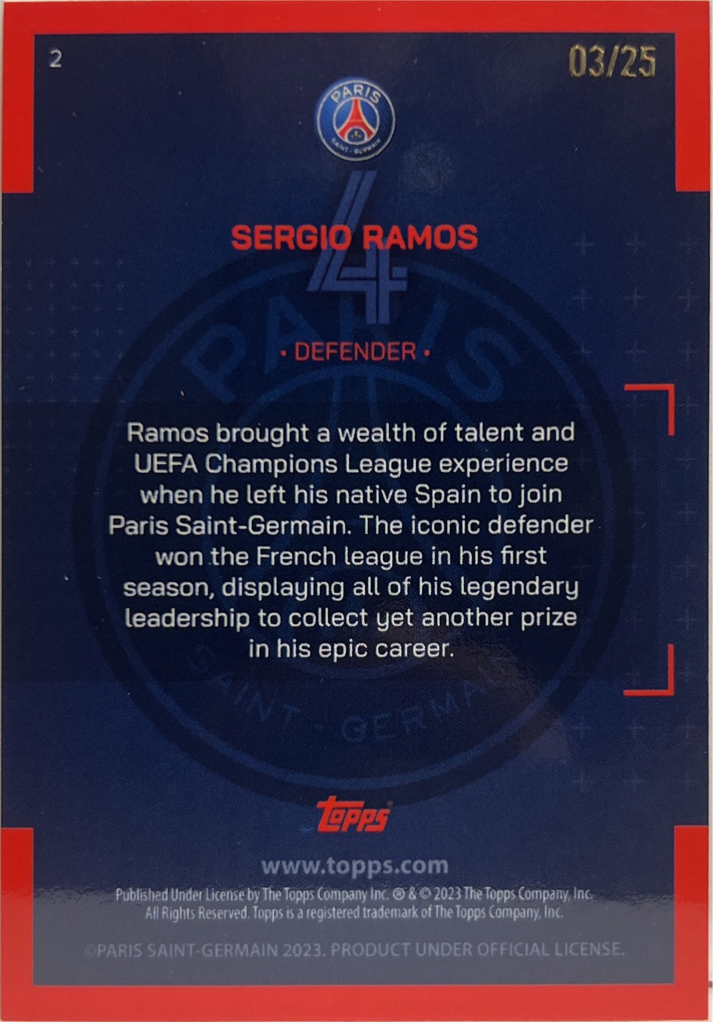 Sergio Ramos 3/25 Orange Topps PSG Team Set 2022/23