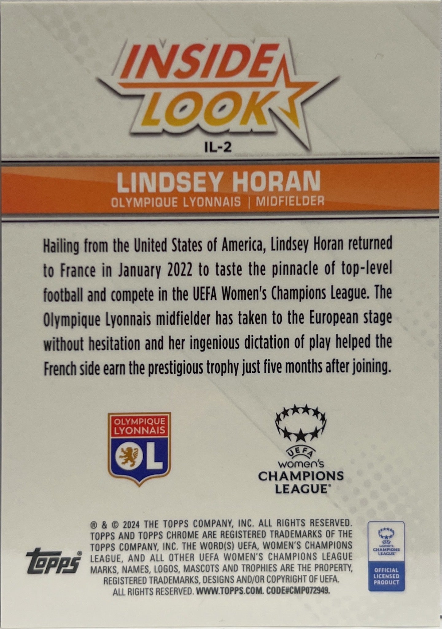 Lindsey Horan 49/50 Inside Look Topps Chrome Uefa Women's Champions League 2023/24