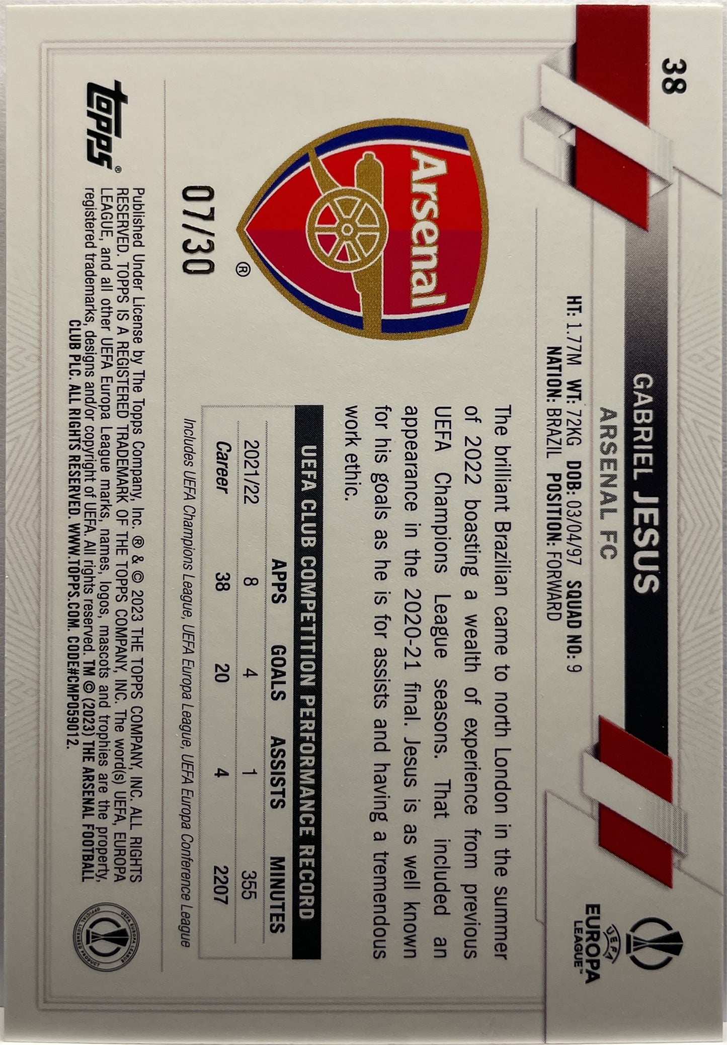 Gabriel Jesus 7/30 Purple Topps UCC 1ST Edition 2022/23