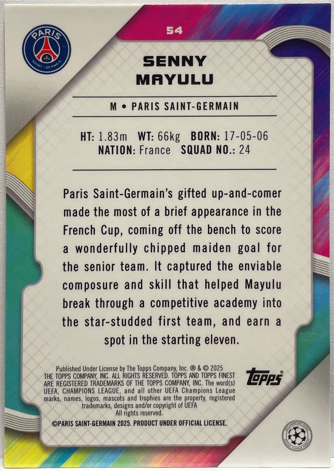 Senny Mayulu 103/199 Rookie Purple Lava Topps Finest UCC 2024/25