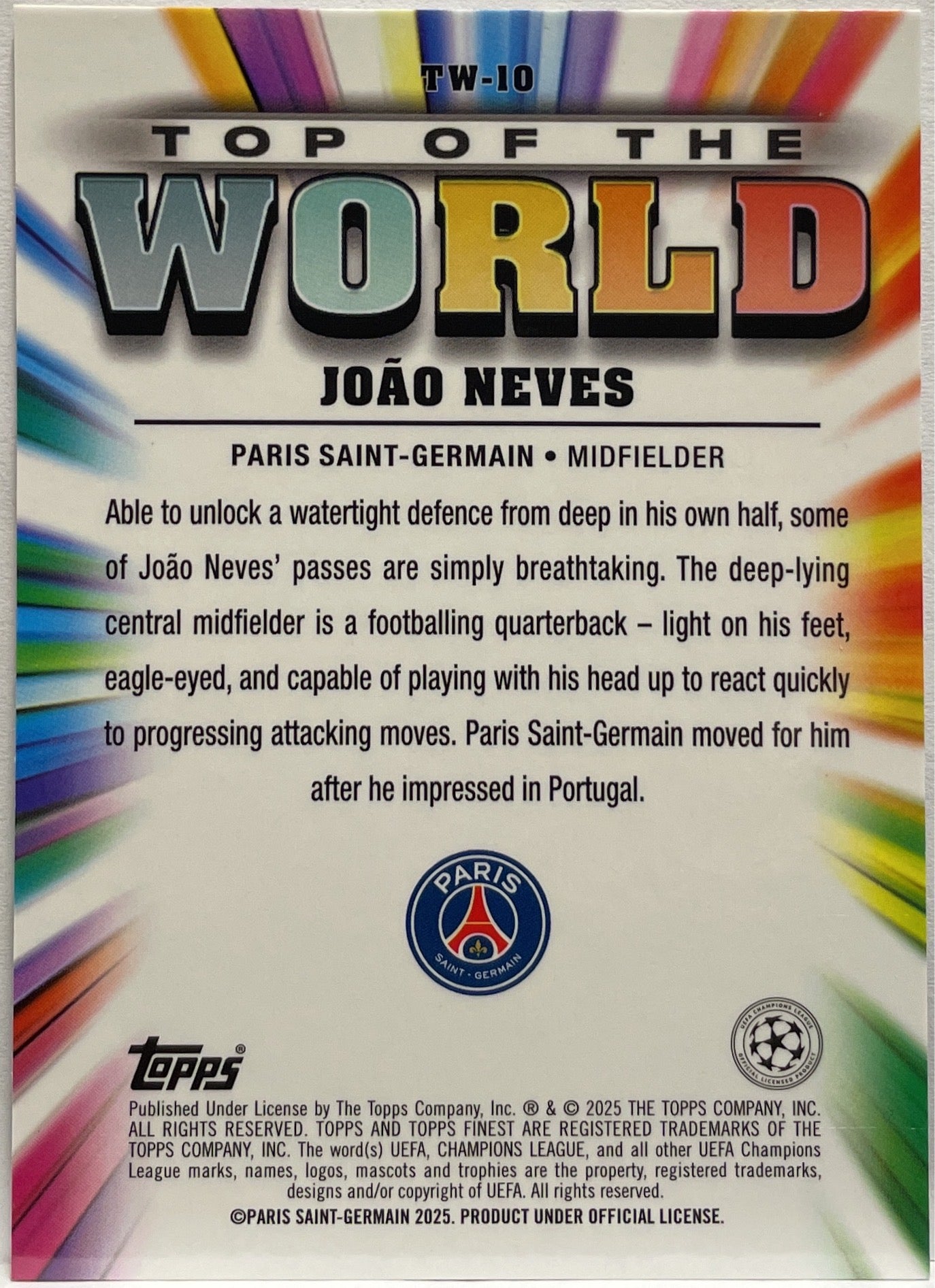 Joao Neves 284/299 Top Of The World Purple Topps Finest UCC 2024/25