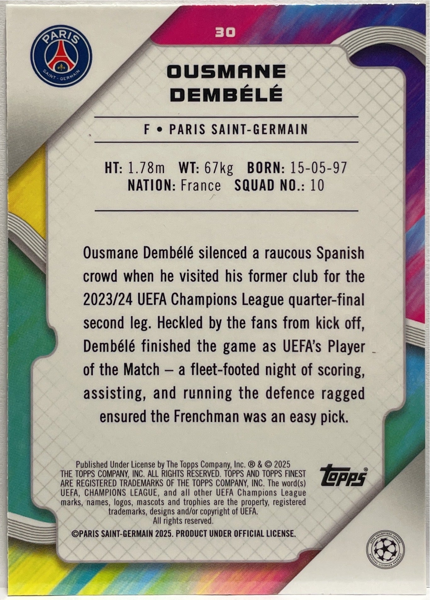 Ousmane Dembele 92/99 Green Lava Topps Finest UCC 2024/25