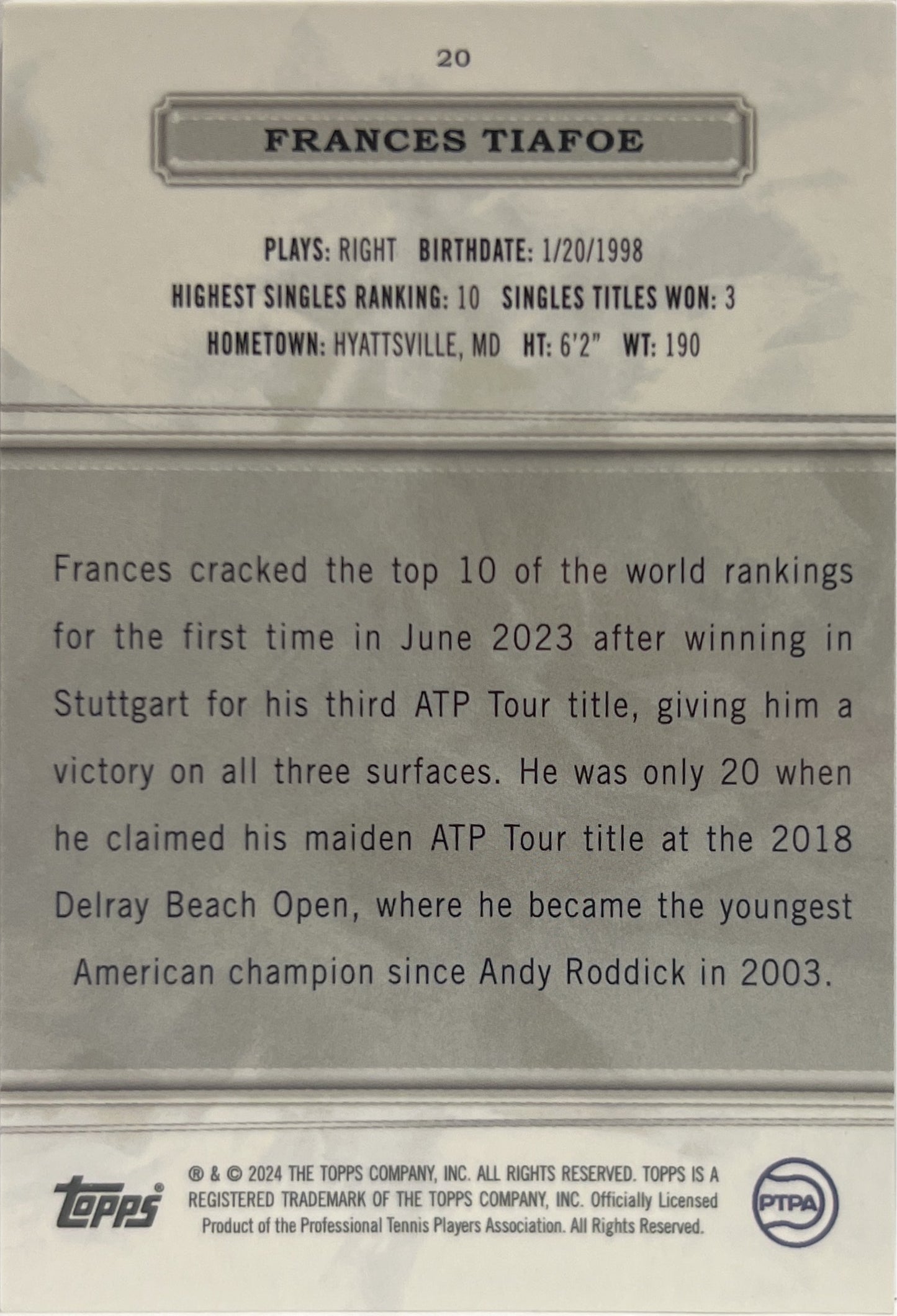 Frances Tiafoe 10/10 Topps Royalty Tennis 2024