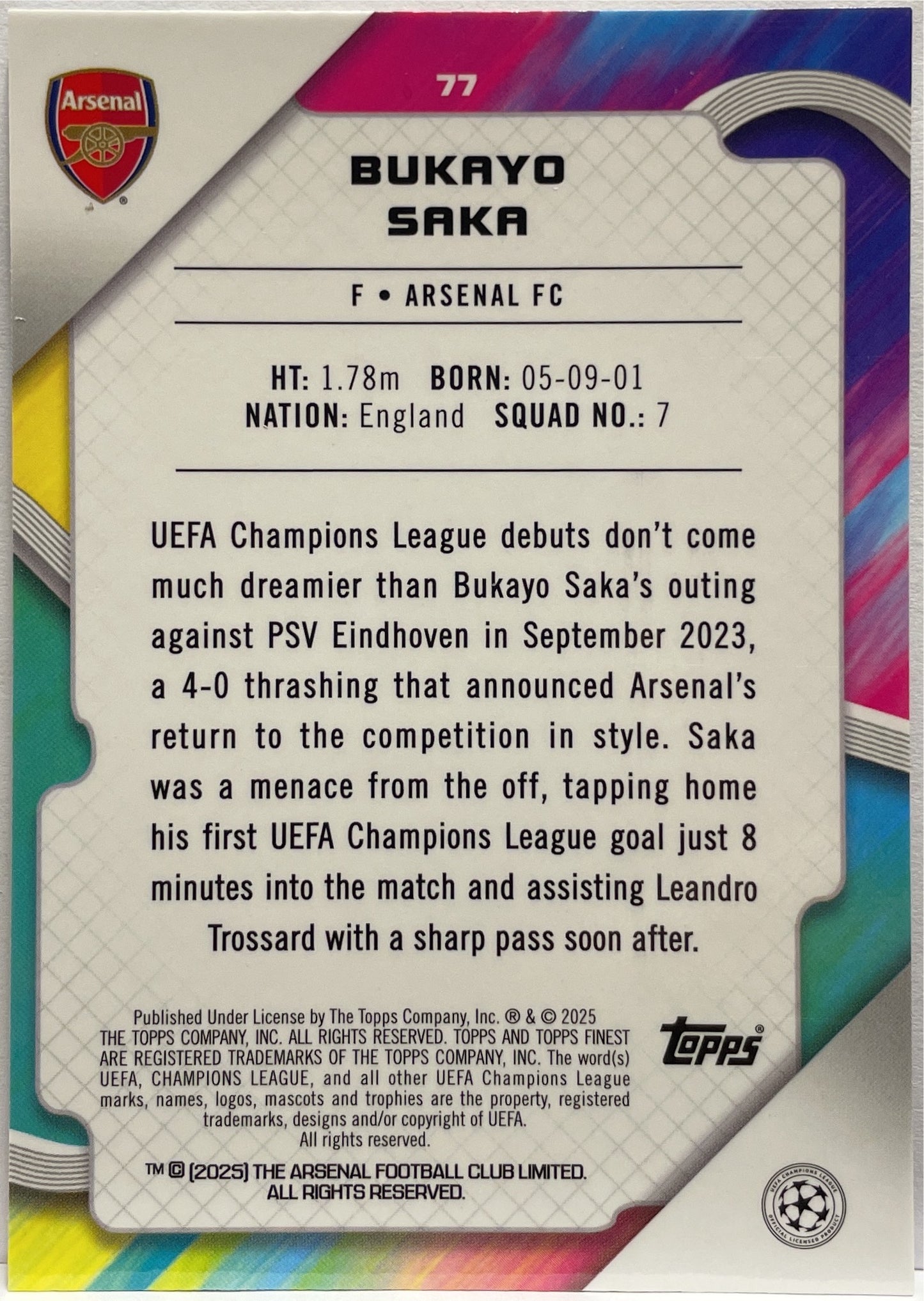Bukayo Saka 158/250 Pink RayWave Topps Finest UCC 2024/25