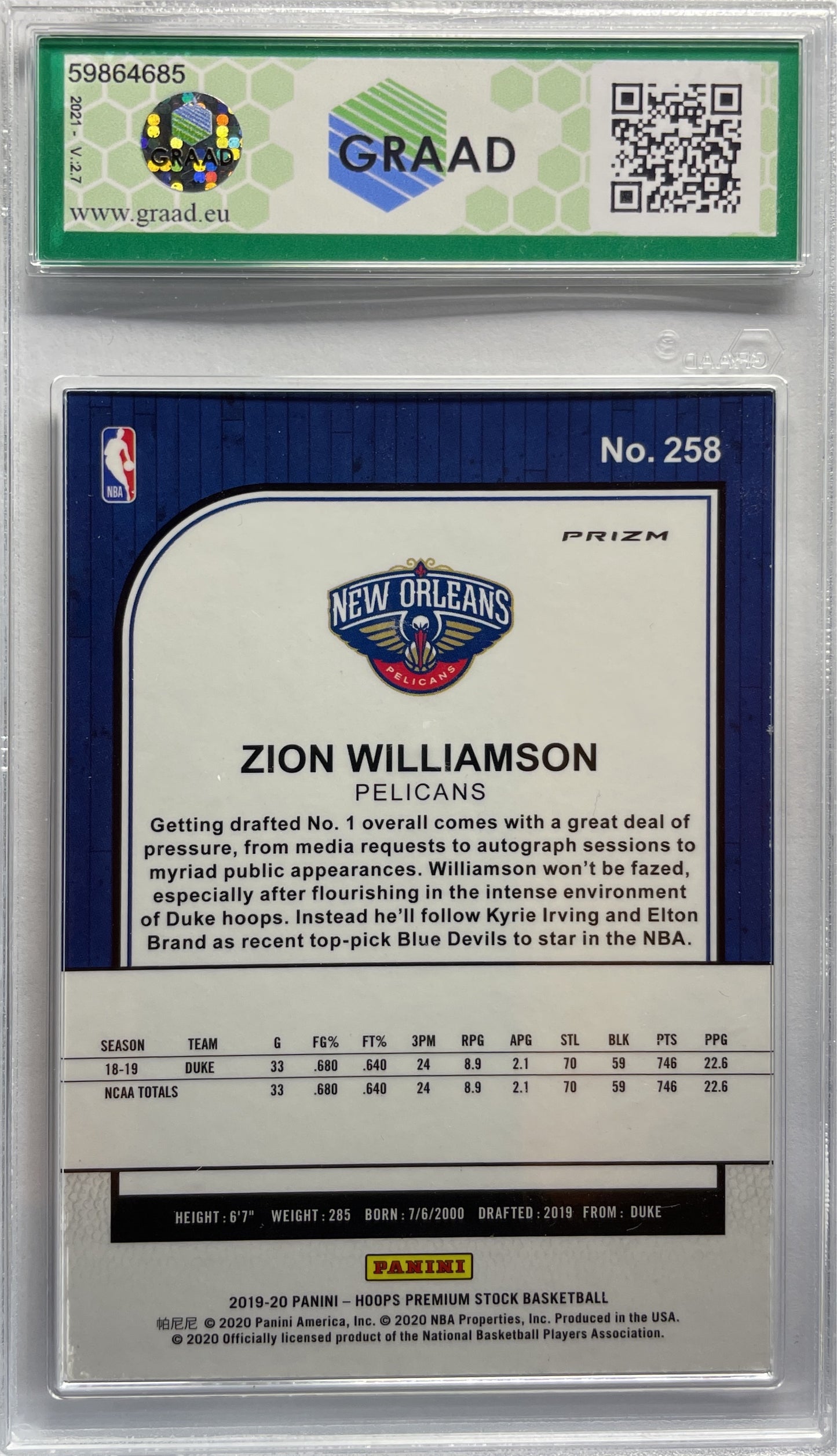 GRAAD 8 - Zion Wlliamson- Rookie - Nba Hoops Premium Stock 2019/20