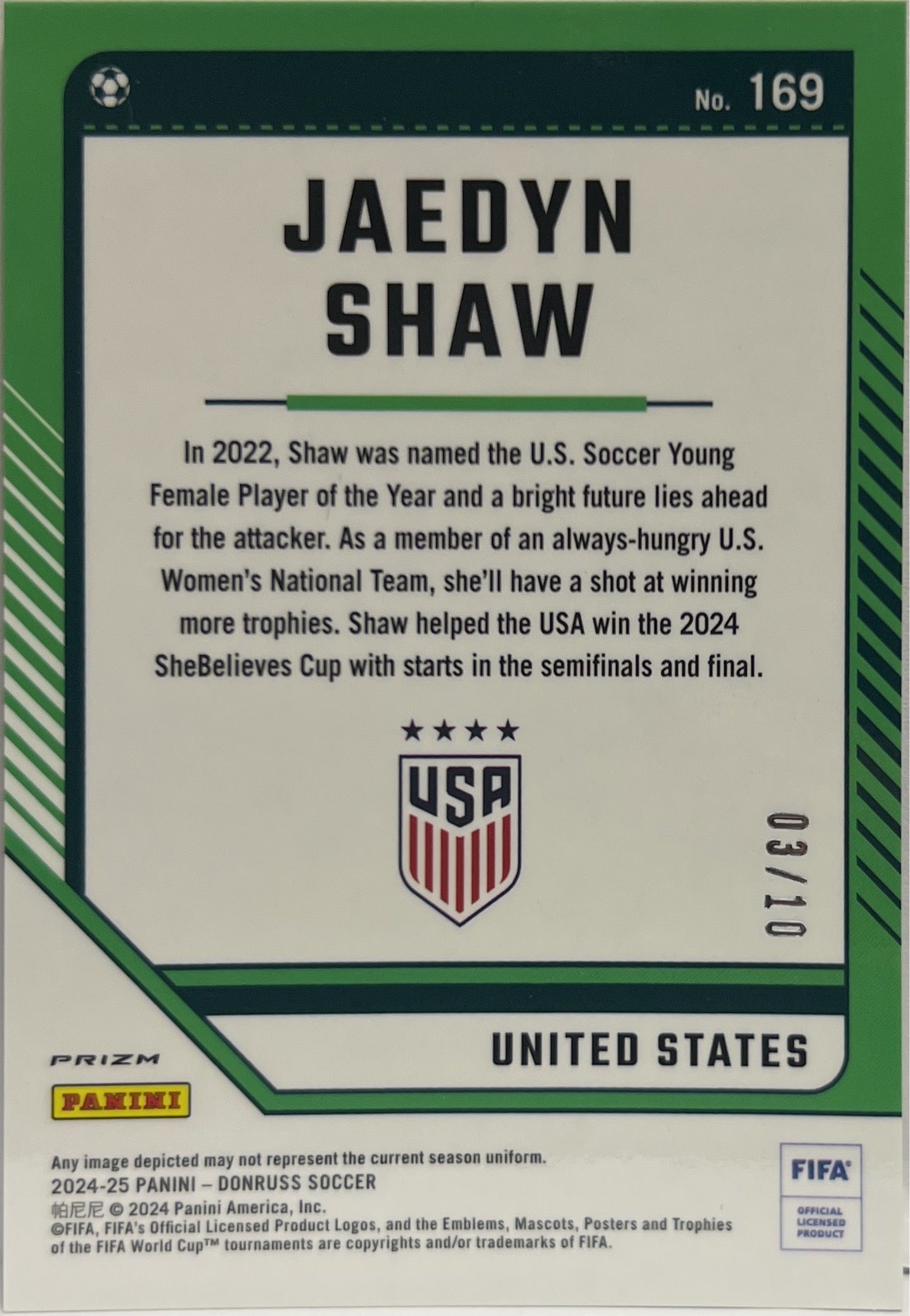 Jaedyn Shaw 3/10 Optic Gold Donruss Fifa 2024/25