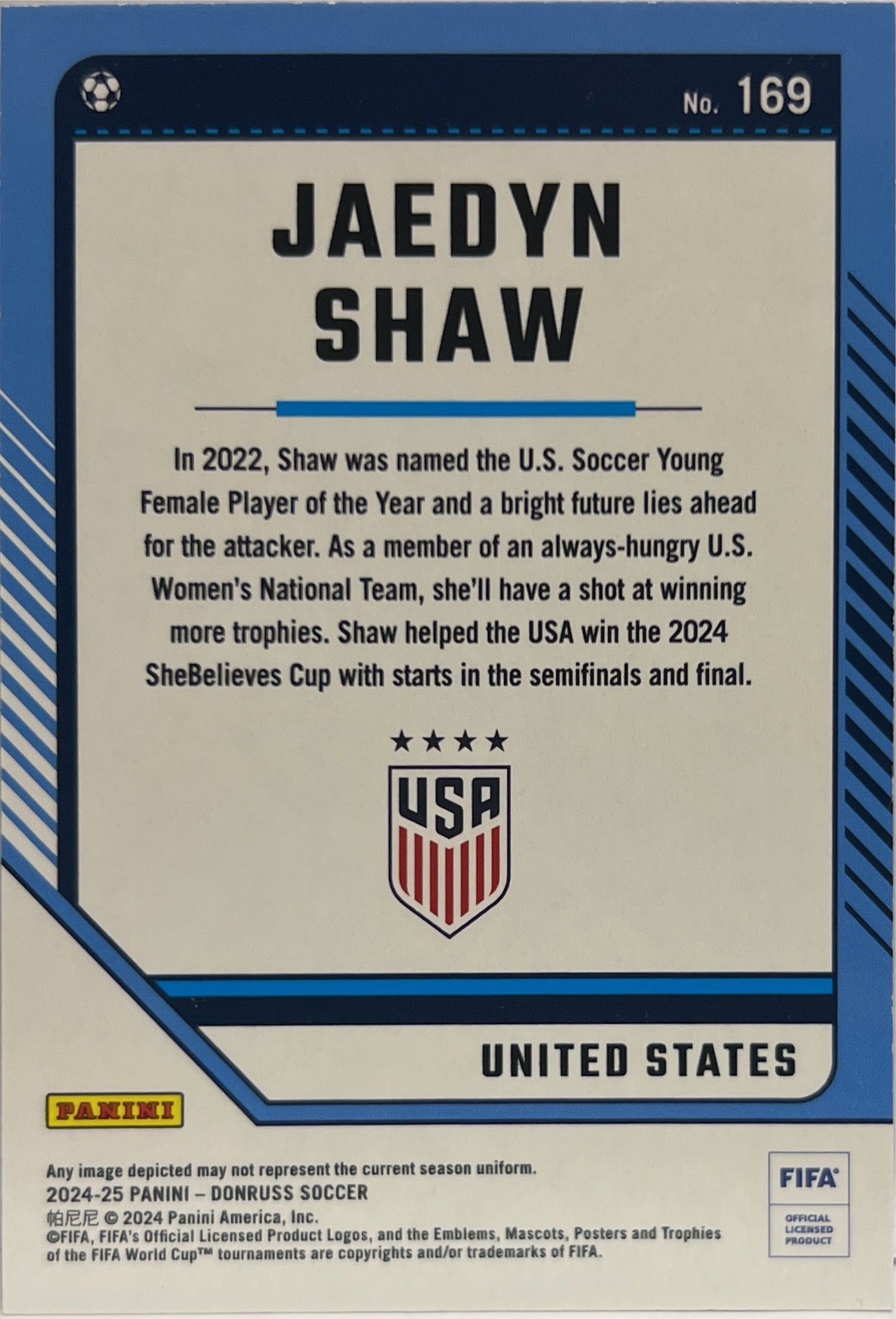 Jaedyn Shaw 10/10 Gold Shimmer Donruss Fifa 2024/25