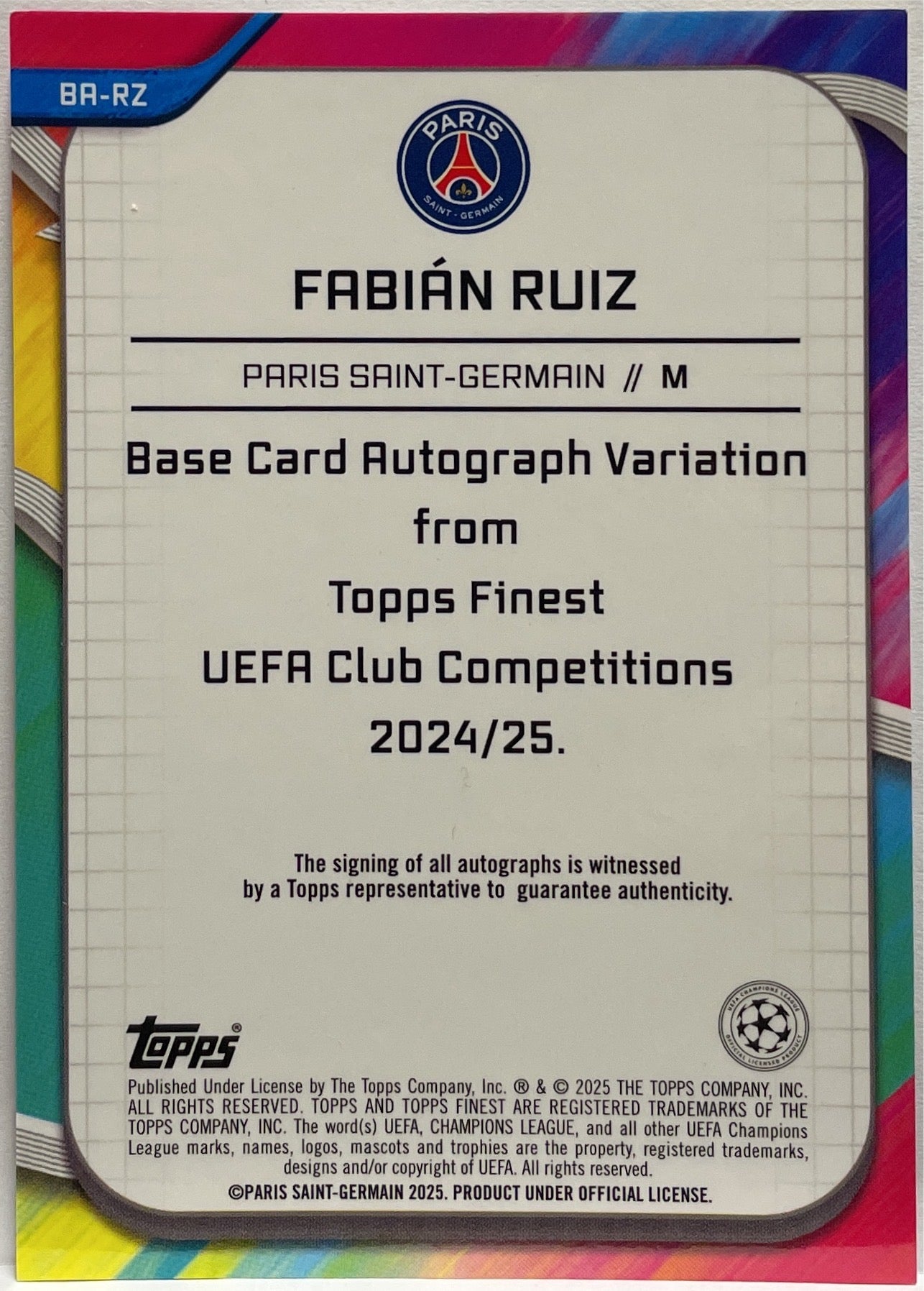 Fabian Ruiz 95/125 Autograph Pink Prism Topps Finest UCC 2024/25