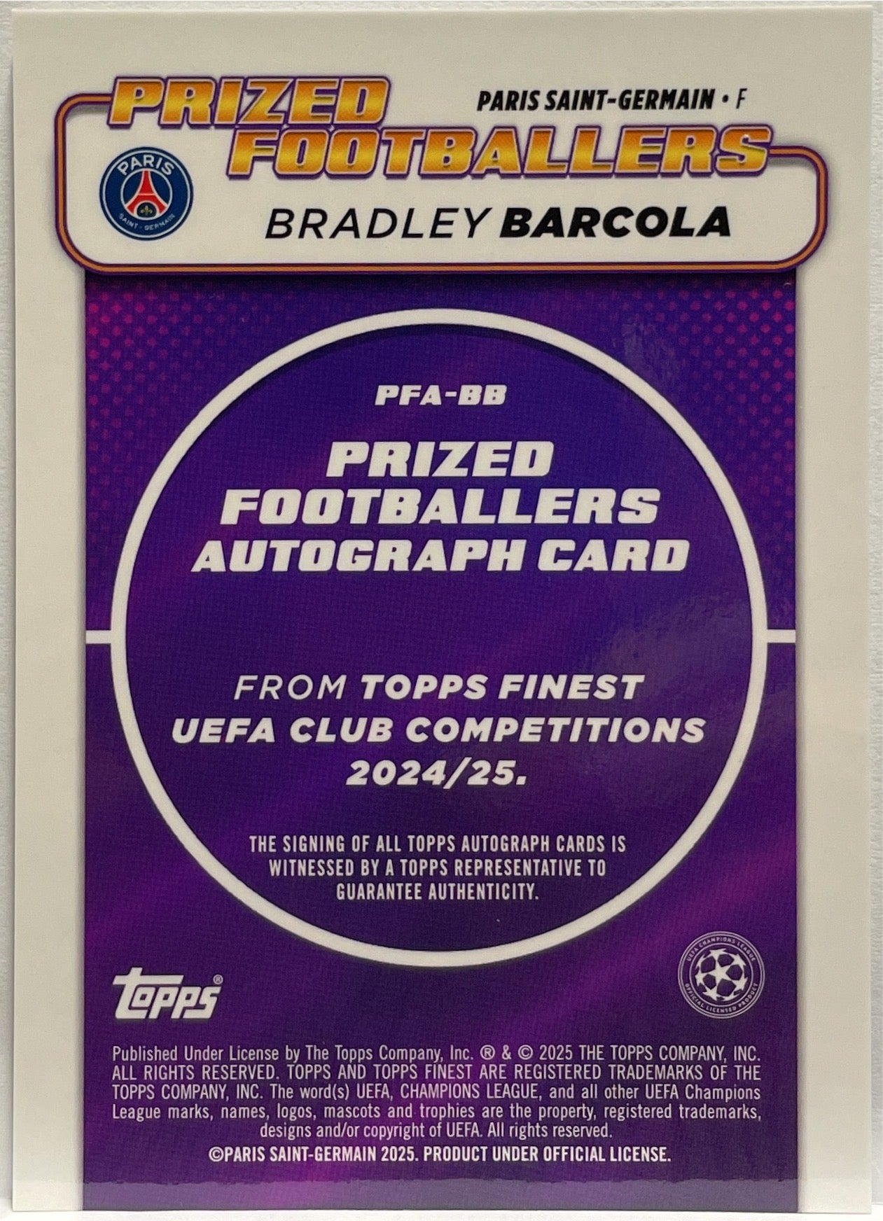 Bradley Barcola Autograph Prized Footballers Topps Finest UCC 2024/25