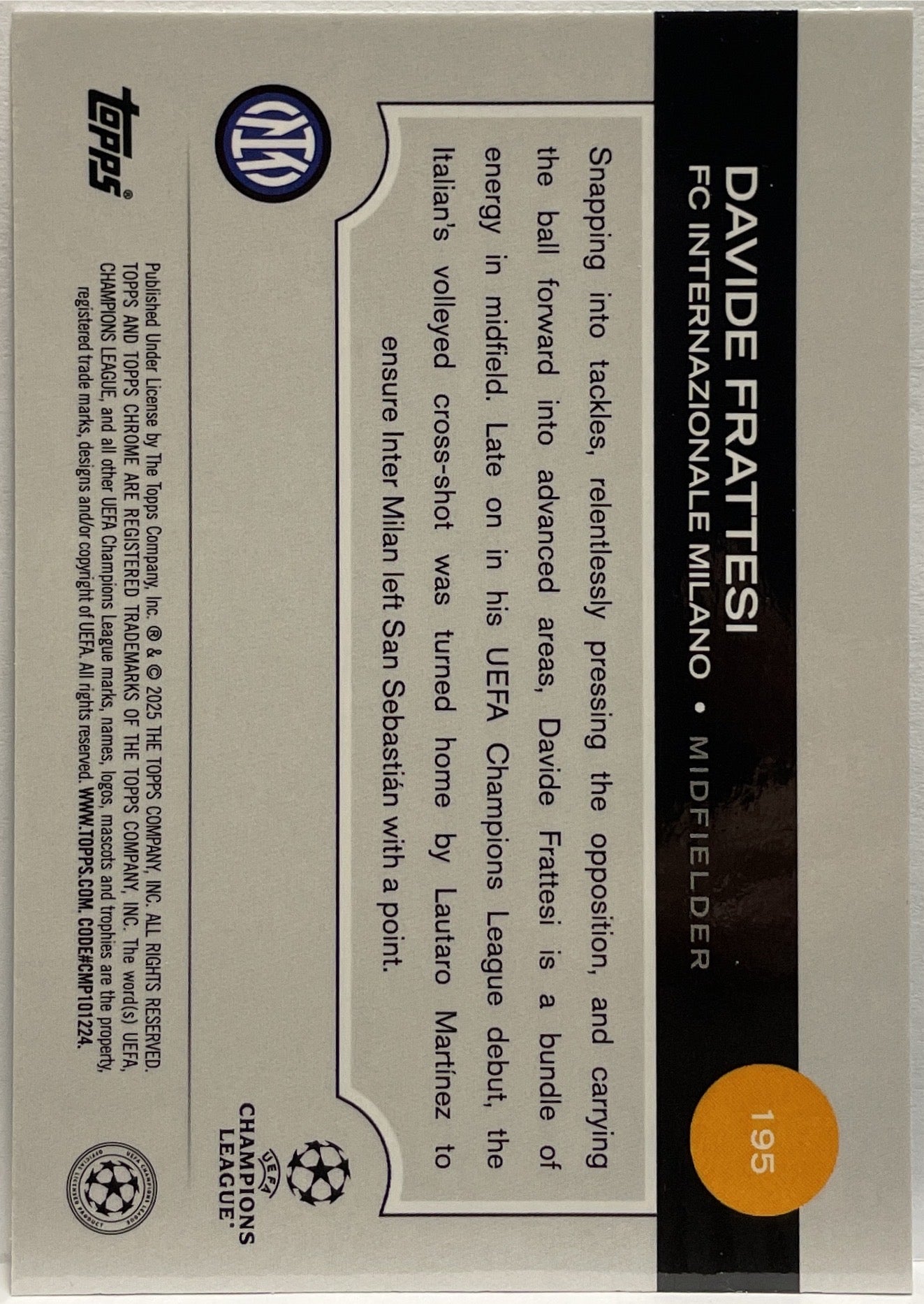 Davide Frattesi 65/199 Aqua Topps Chrome UCC 2024/25