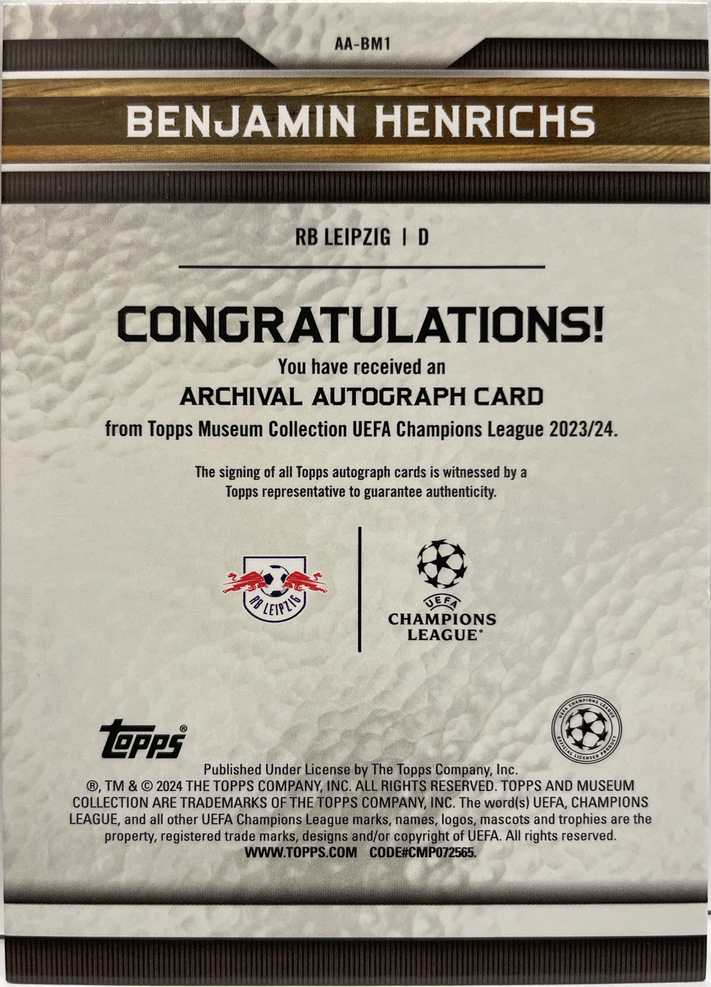 Benjamin Henrichs 13/25 Autograph Red Topps Museum 2023/24