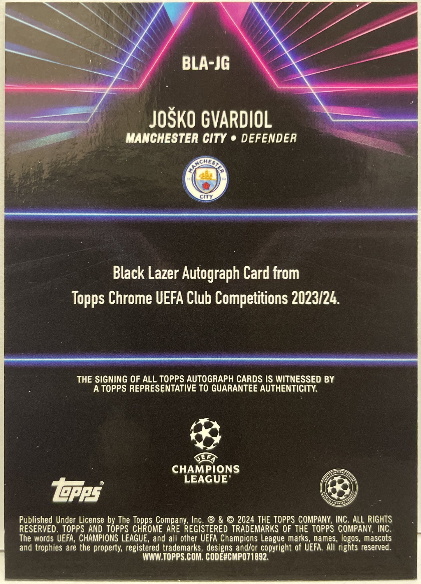 Josko Gvardiol Autograph Black Lazer Topps Chrome UCC 2023/24