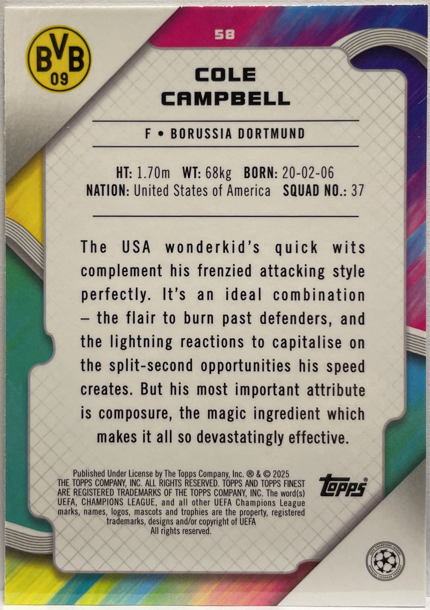 Cole Campbell 118/150 Rookie Blue Raywave Topps Finest UCC 2024/25