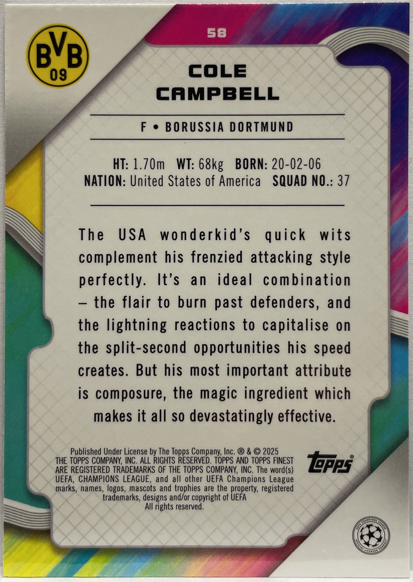 Cole Campbell 51/150 Rookie Blue Raywave Topps Finest UCC 2024/25