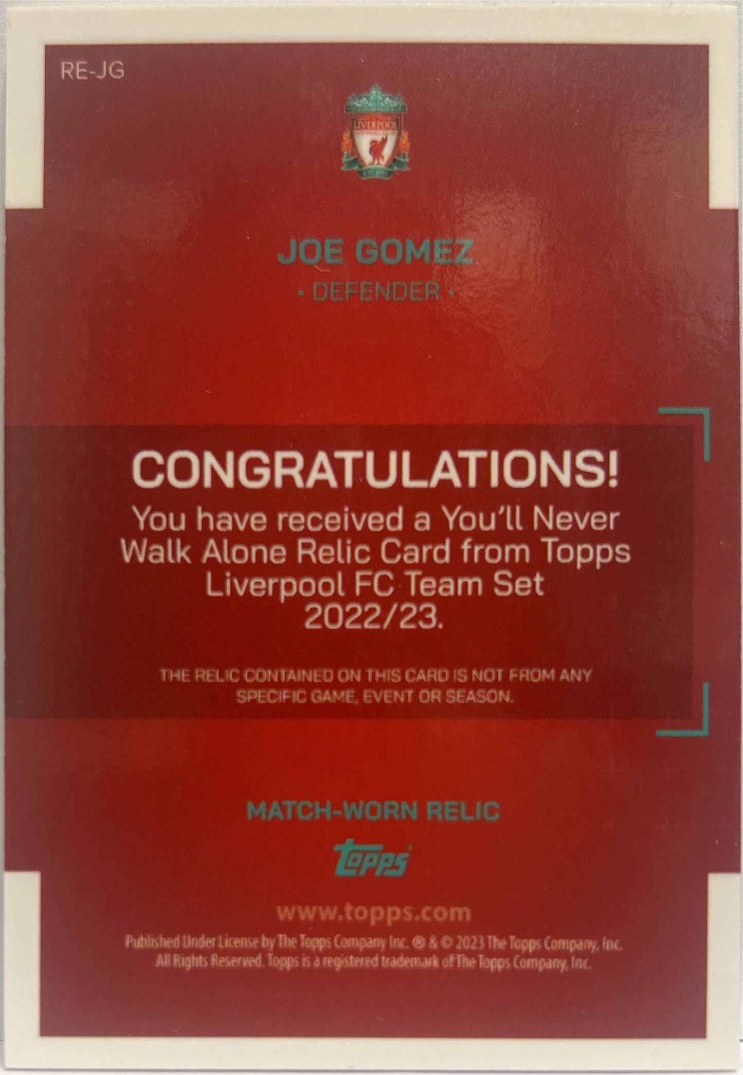 Joe Gomez Patch YNWA Topps Liverpool Team Set 2022/23