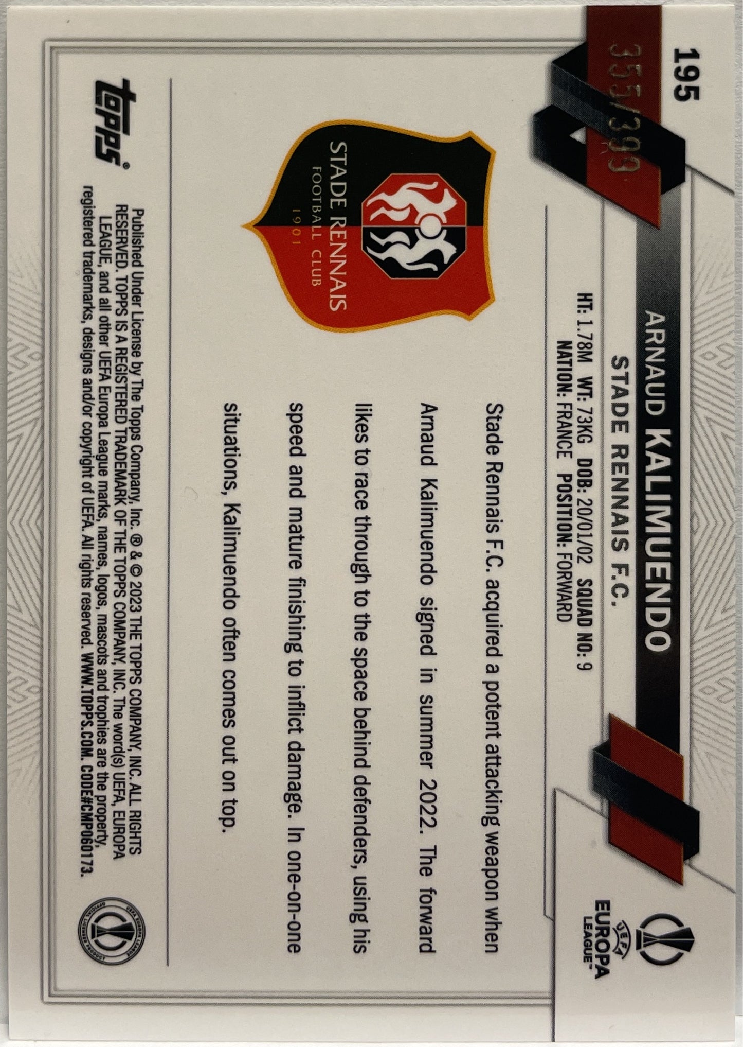 Arnaud Kalimuendo 355/399 Rookie Green Shimmer Topps Chrome UCC 2022/23