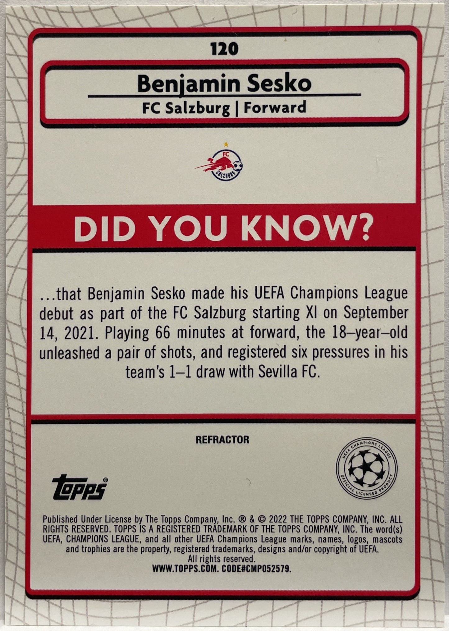 Benjamin Sesko Rookie Refractor Merlin Chrome 2021/22