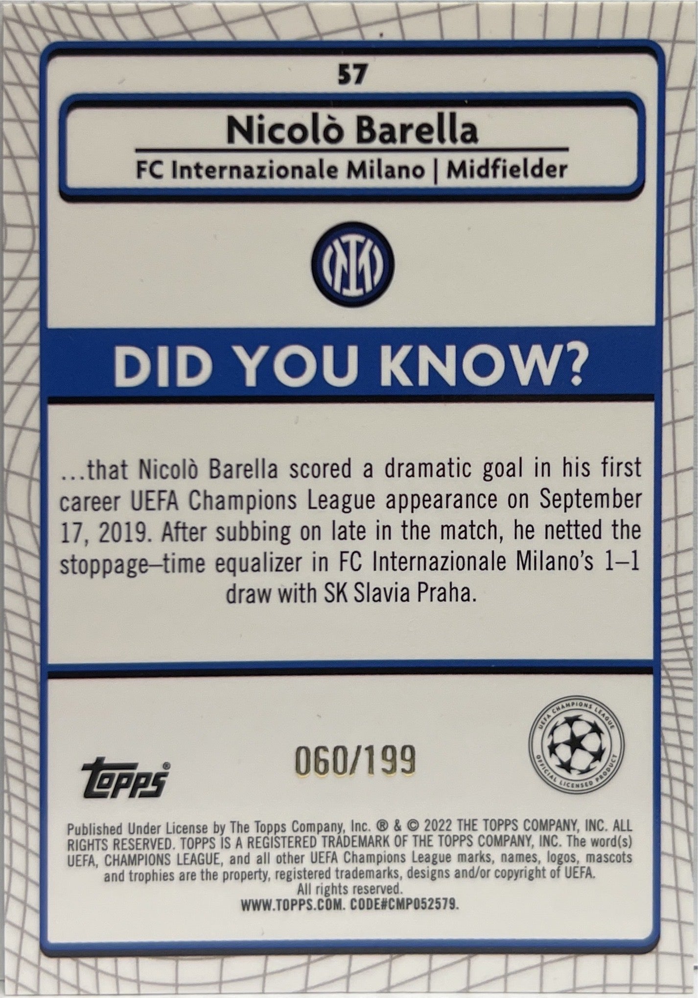 Nicolo Barella 60/199 Aqua Topps Chrome Merlin 2021/22