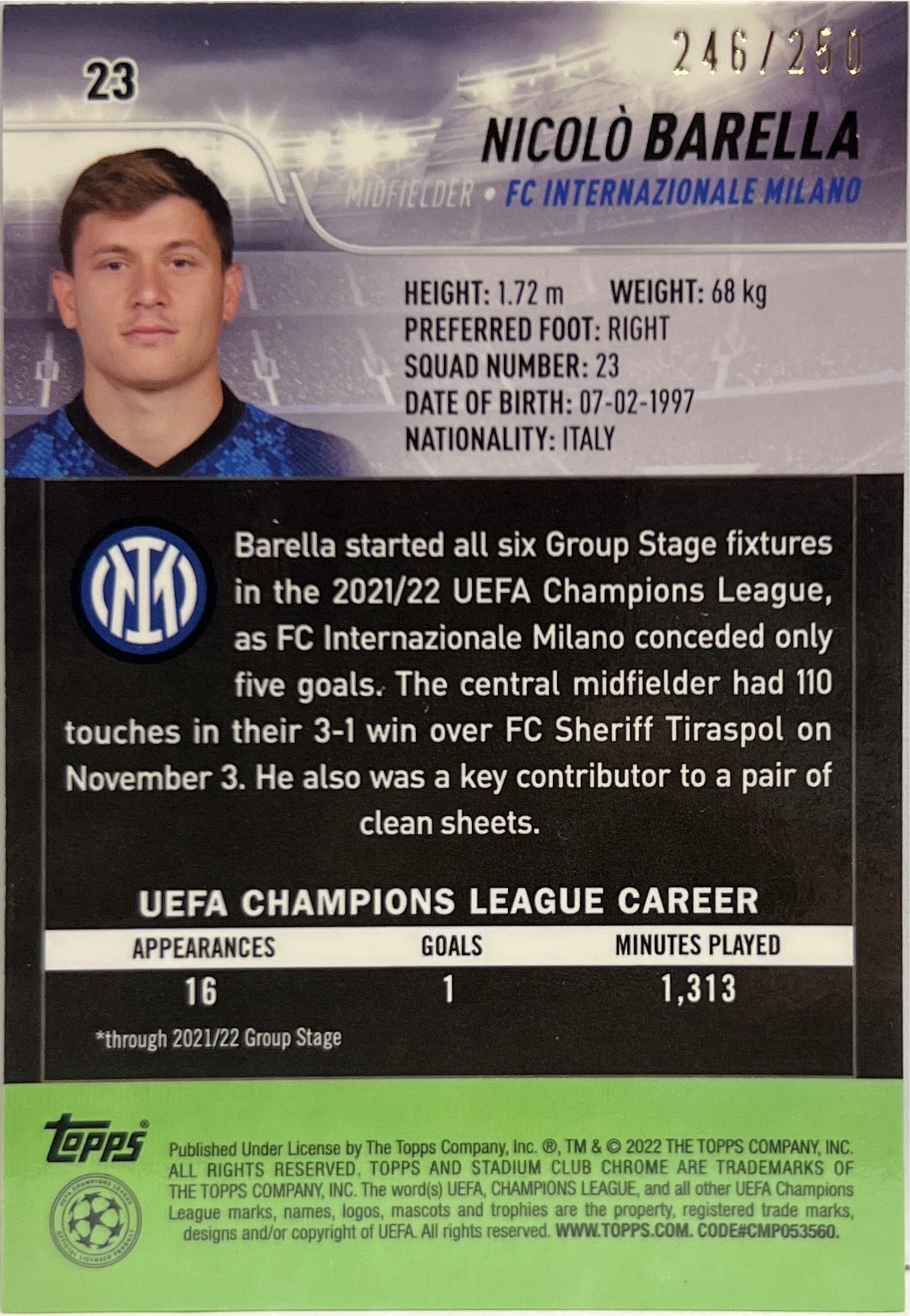 Nicolo Barella 246/250 Stadium Chrome 2021/22