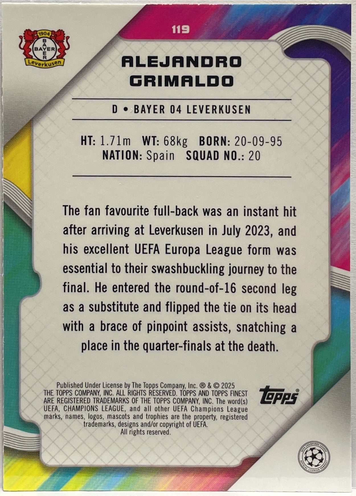 Alejandro Grimaldo 38/275 Sky Blue Topps Finest UCC 2024/25