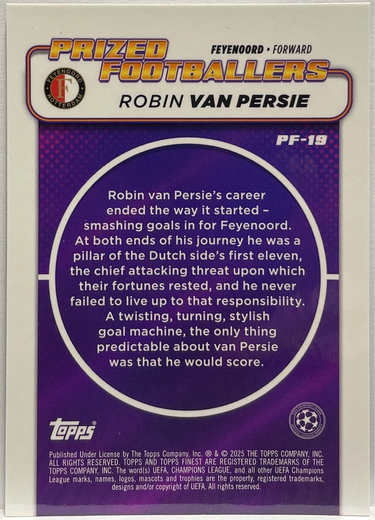 Robin Van Persie 126/299 Prized Footballers Purple Topps Finest UCC 2024/25