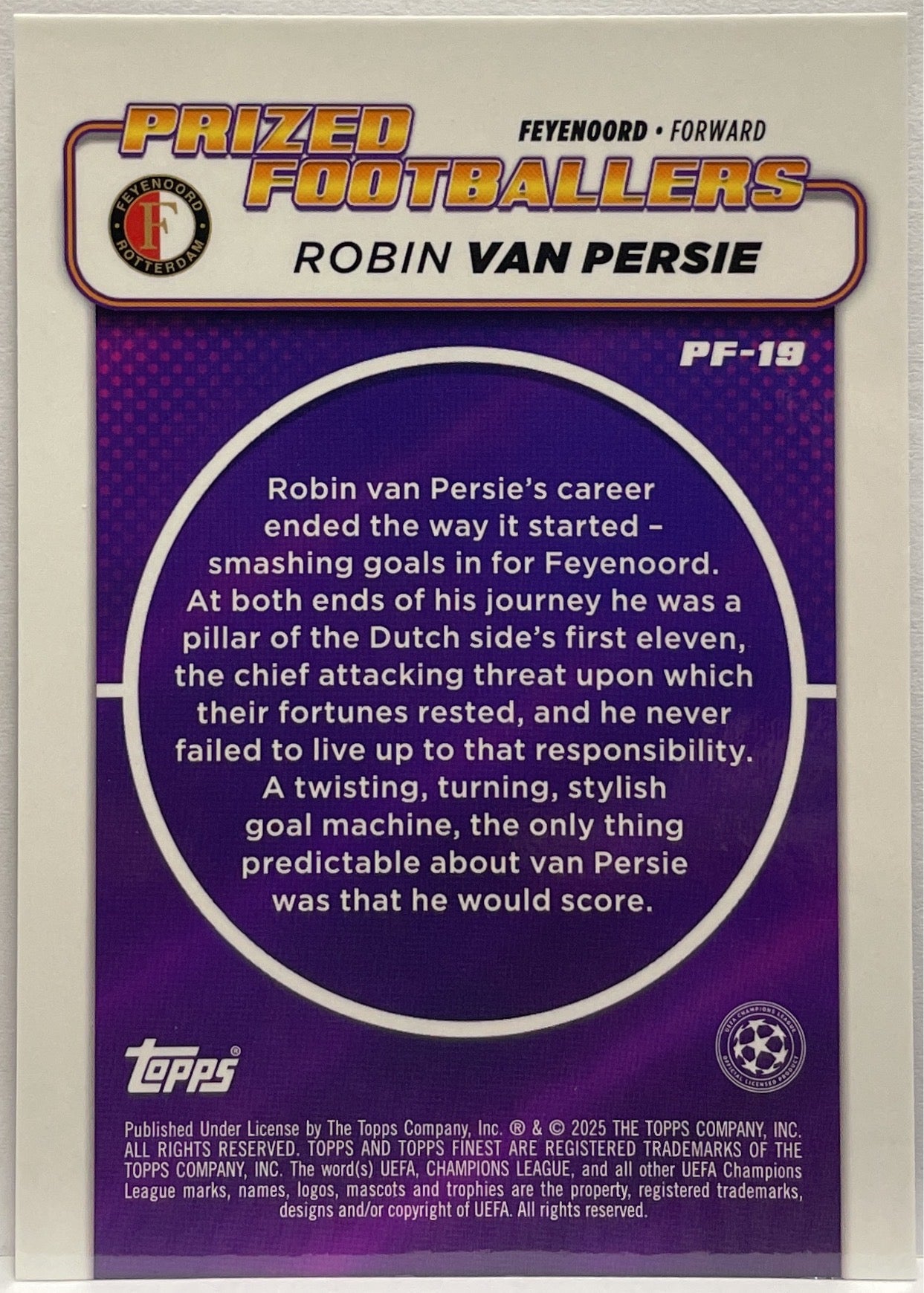 Robin Van Persie 190/299 Prized Footballers Purple Topps Finest UCC 2024/25
