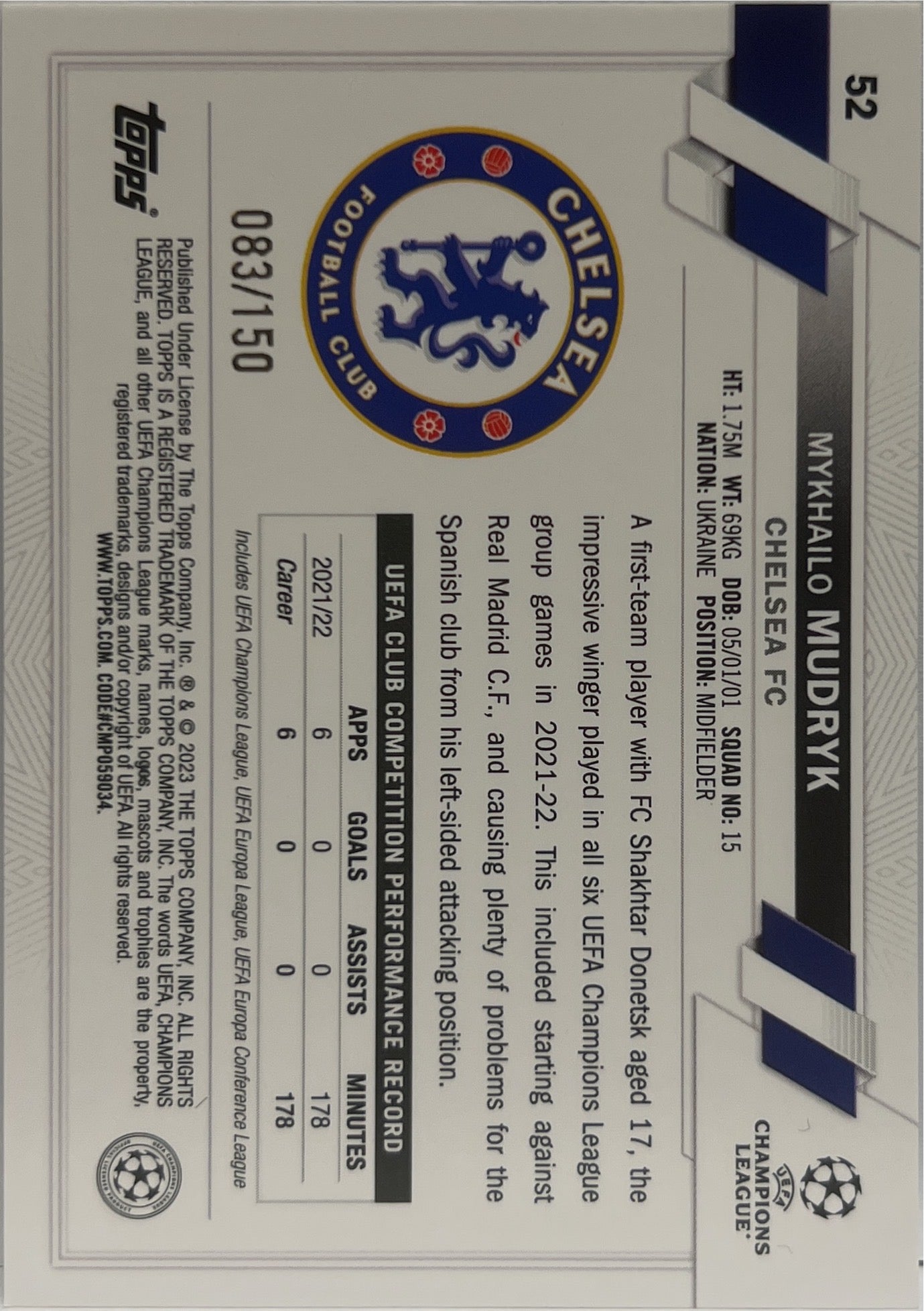 MykhailoMudryk 83/150 Rookie Black And White Icy Foil Topps UCC 2022/23