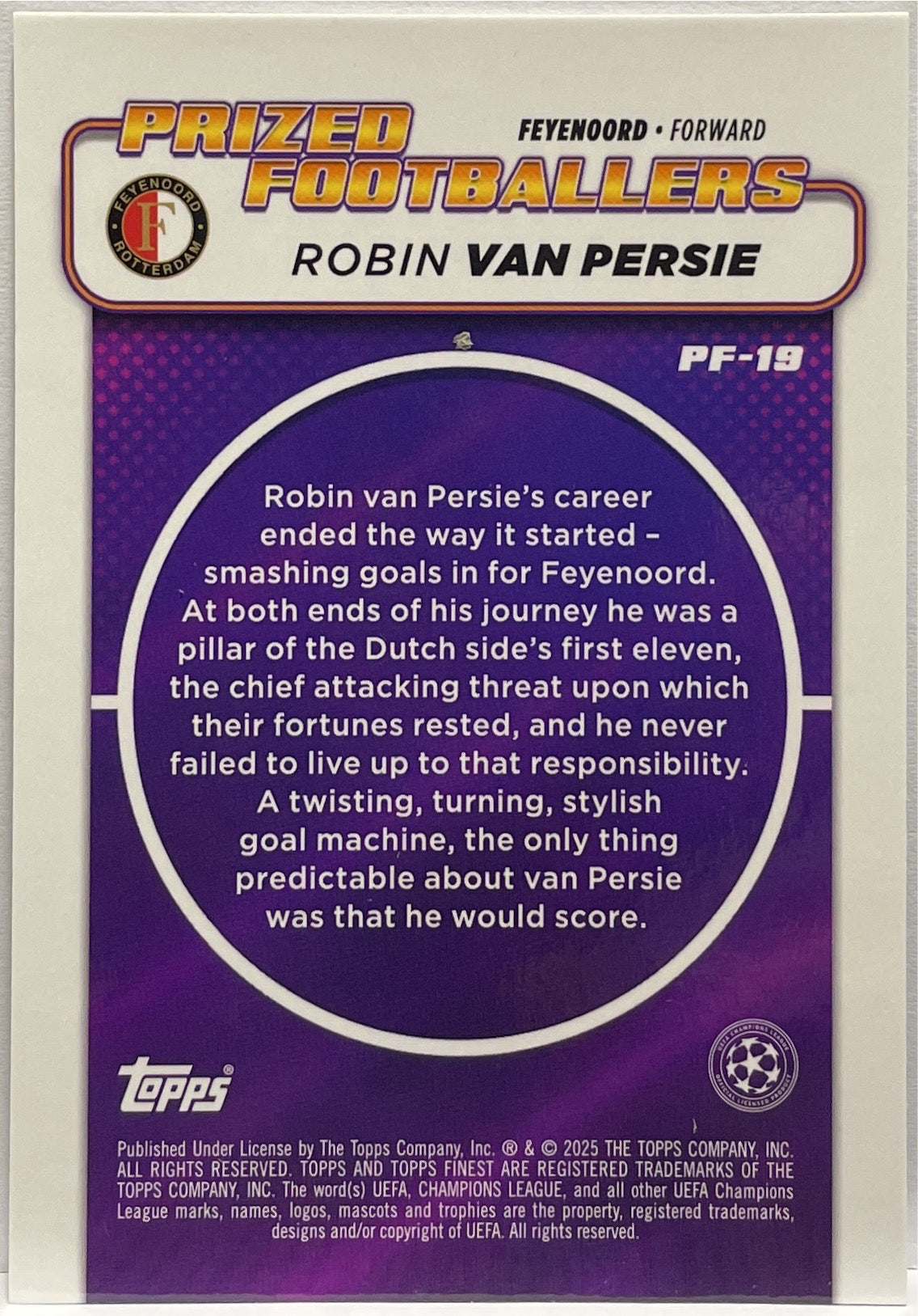 Robin Van Persie 268/299 Prized Footballers Purple Topps Finest UCC 2024/25