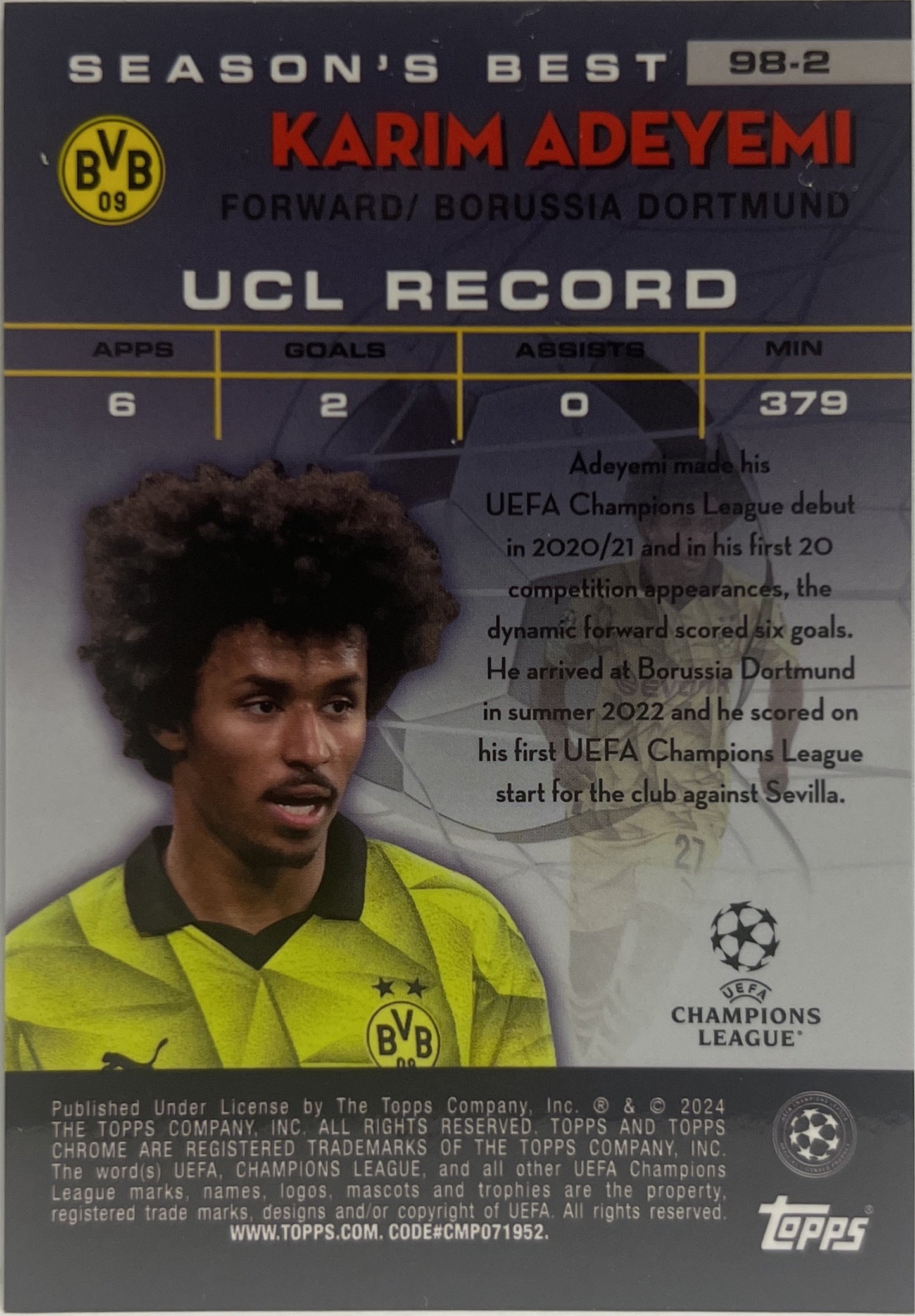 Karim Adeyemi 101/199 Shooting Stars Aqua Topps Chrome UCC 2023/24