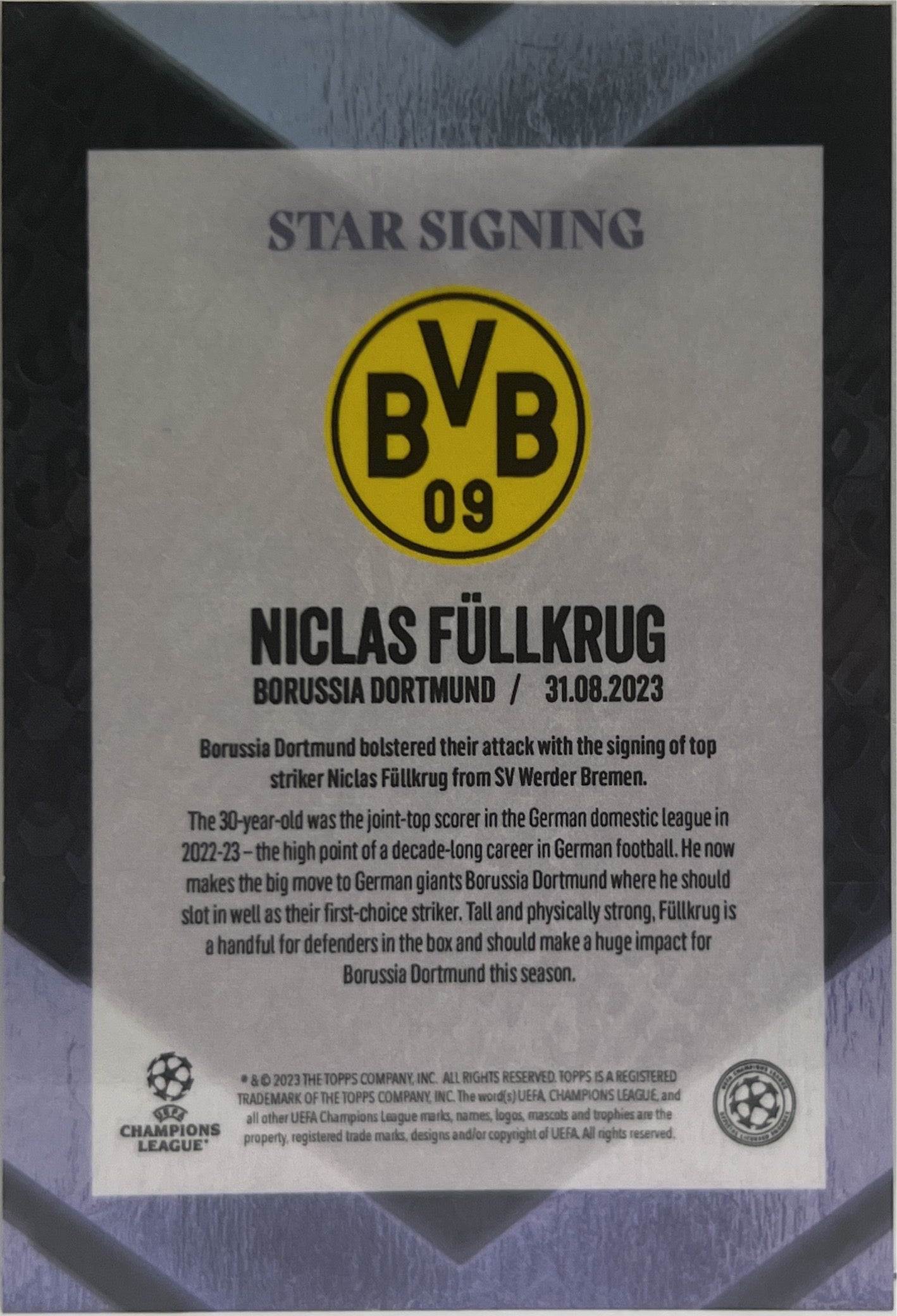 Niclas Fullkrug 24/99 Star Signing Topps Summer Signing 2023