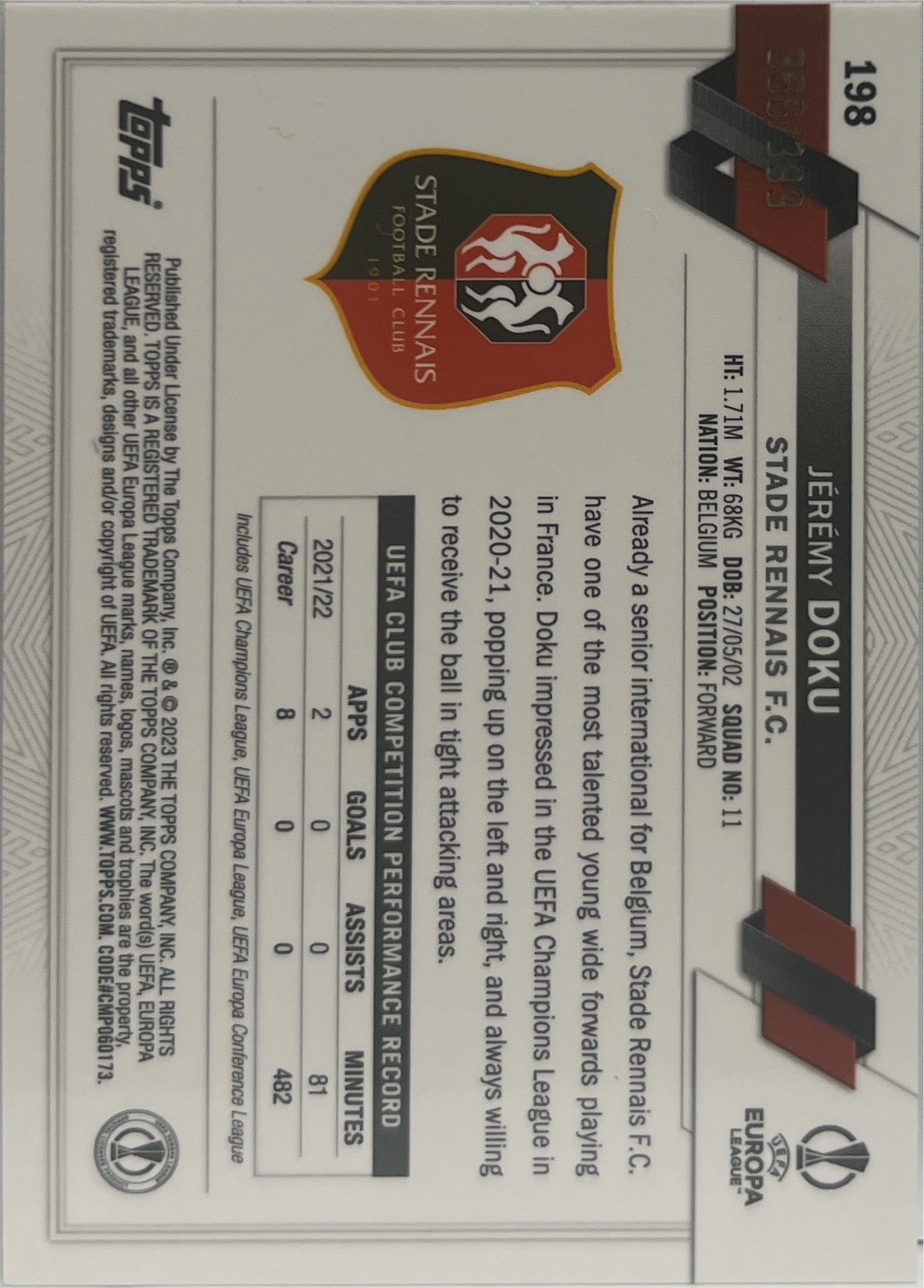 Jeremy Doku 366/399 Green Shimmer Topps Chrome UCC 2022/23