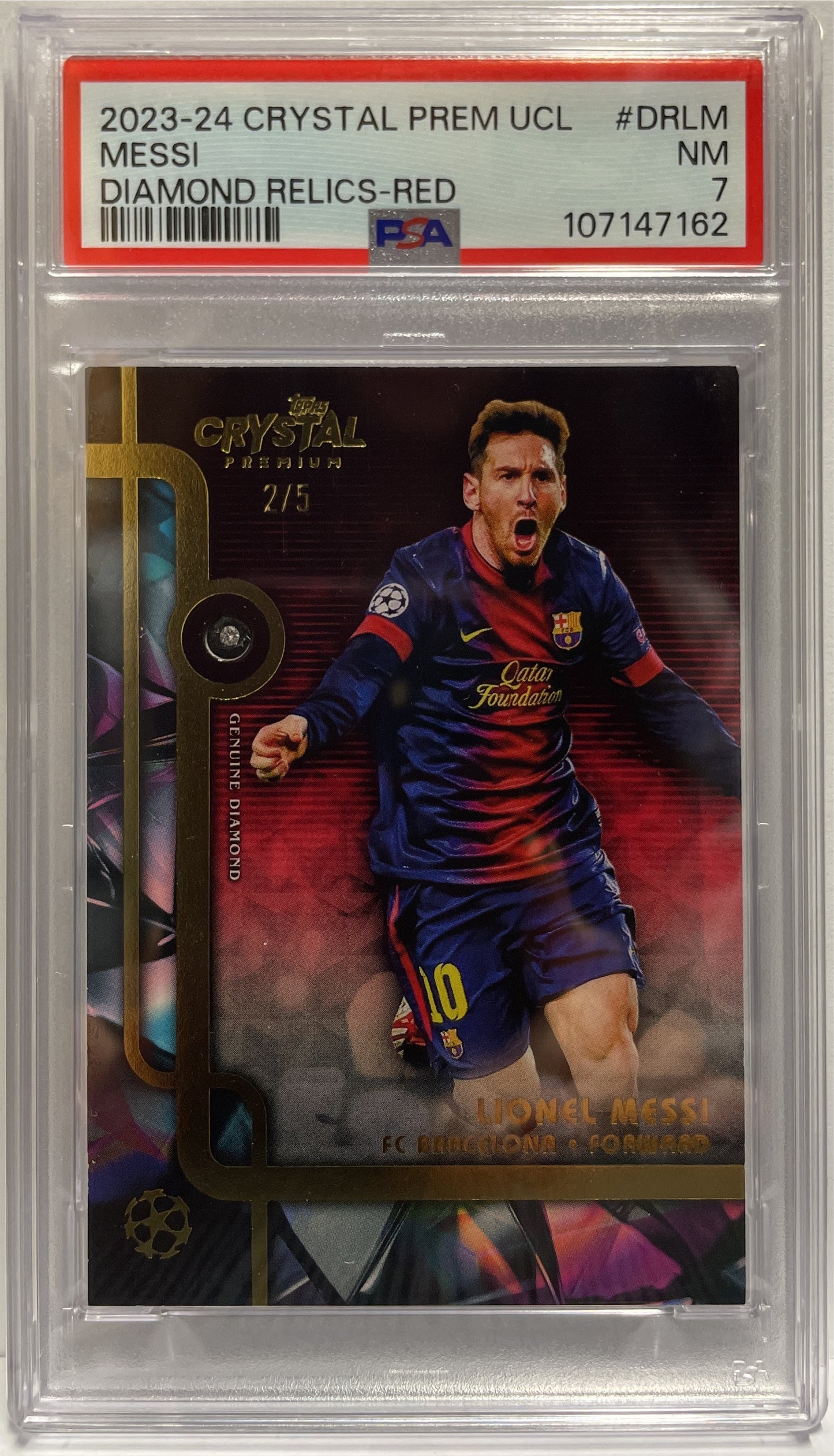 Lionel Messi 2/5 Diamond Relic Red Topps Crystal Premium UCL 2023/24 PSA 7