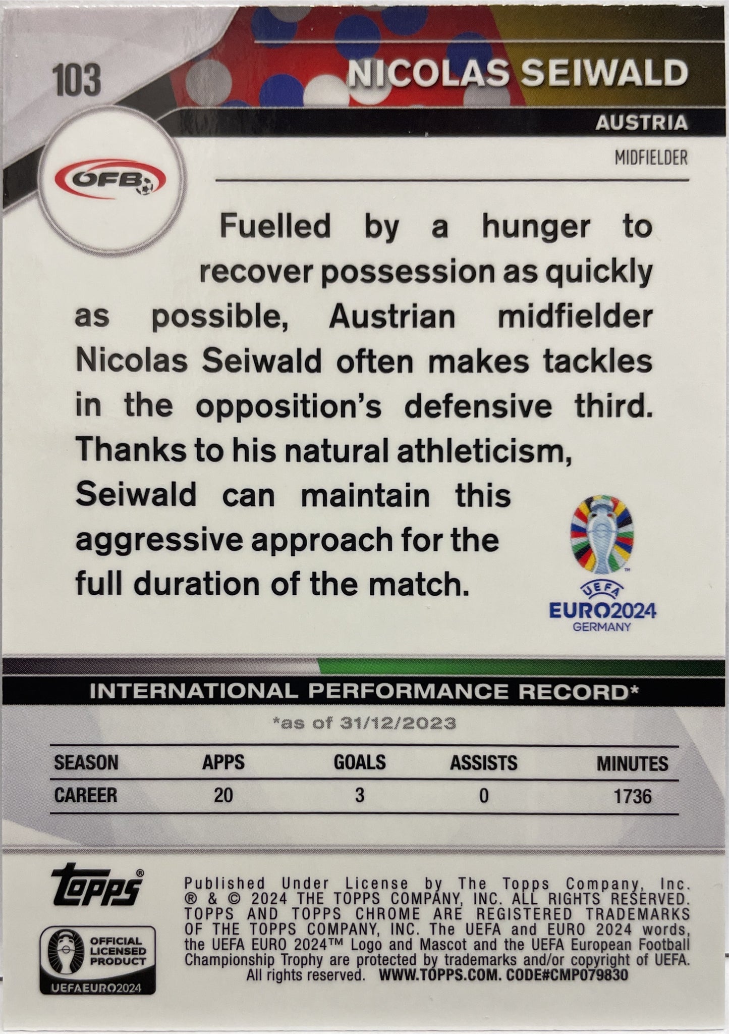 Nicolas Seiwald 50/125 Black & White Topps Chrome Euro 2024
