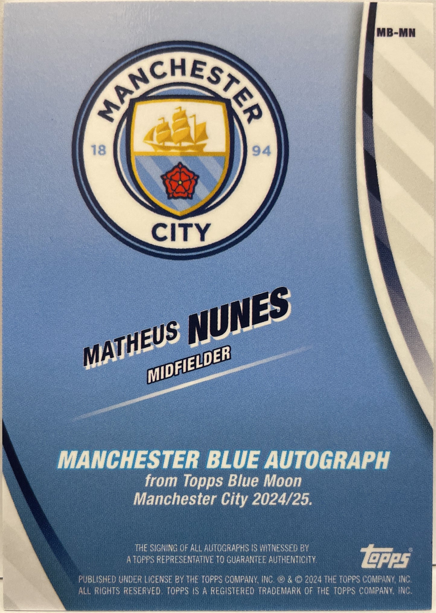 Matheus Nunes 23/50 Autograph Pink Topps Blue Moon Manchester City 2024/25