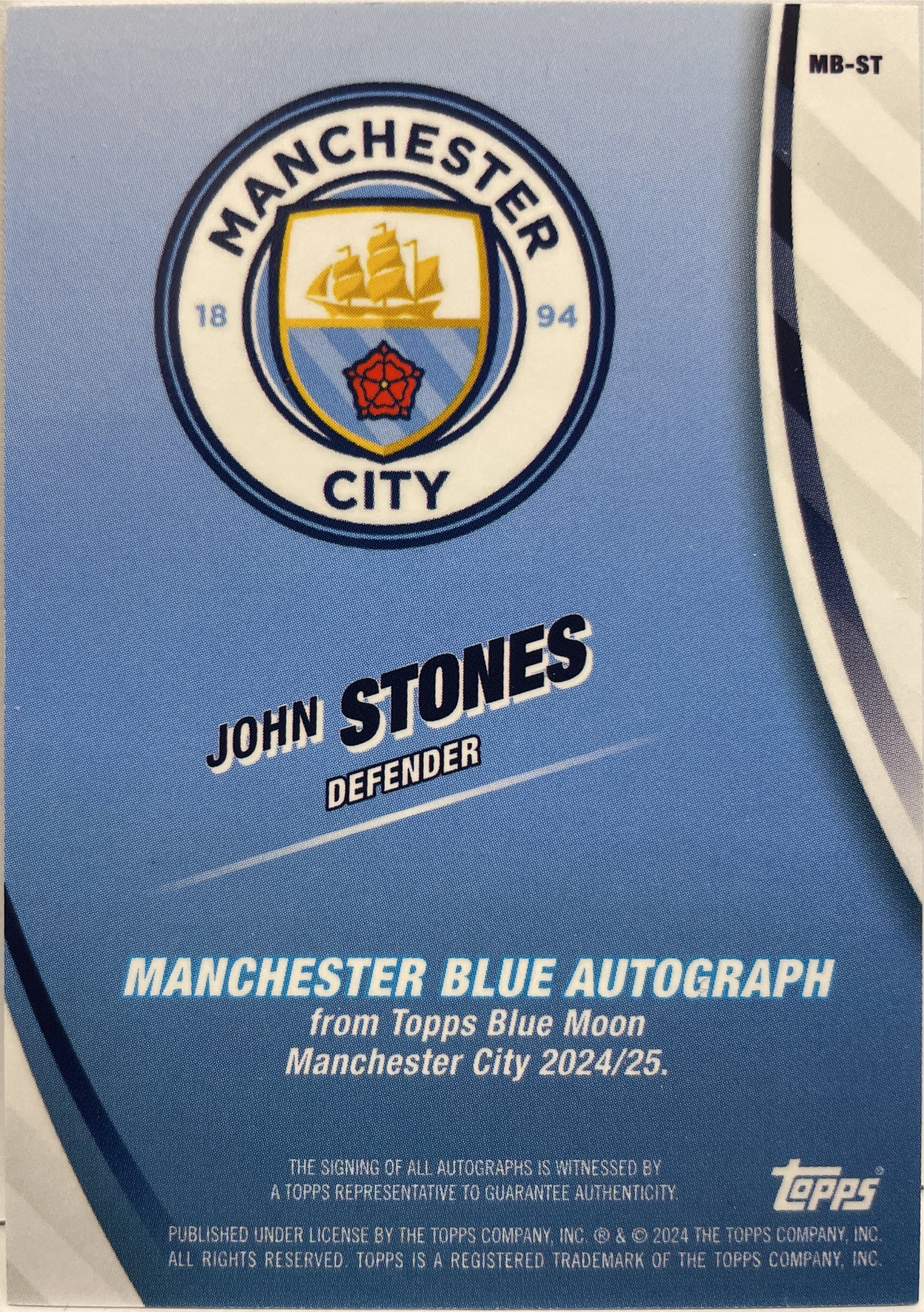 John Stones 10/15 Autograph Purple Topps Blue Moon Manchester City 2024/25