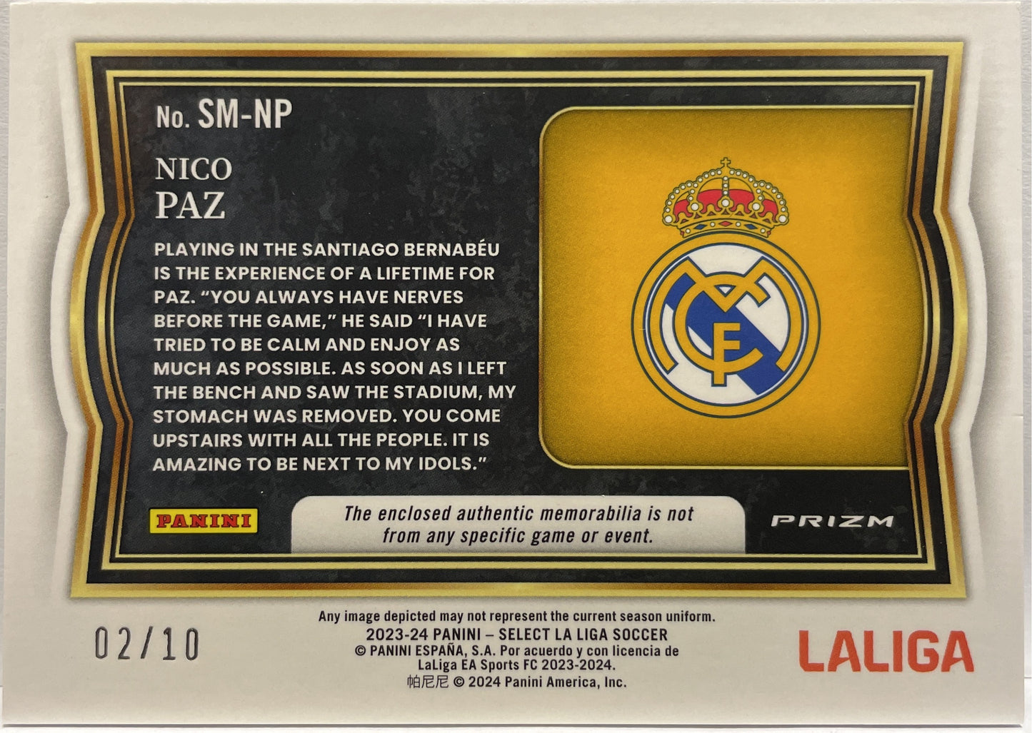 Nico Paz 2/10 Rookie Patch Gold Select La Liga 2023/24