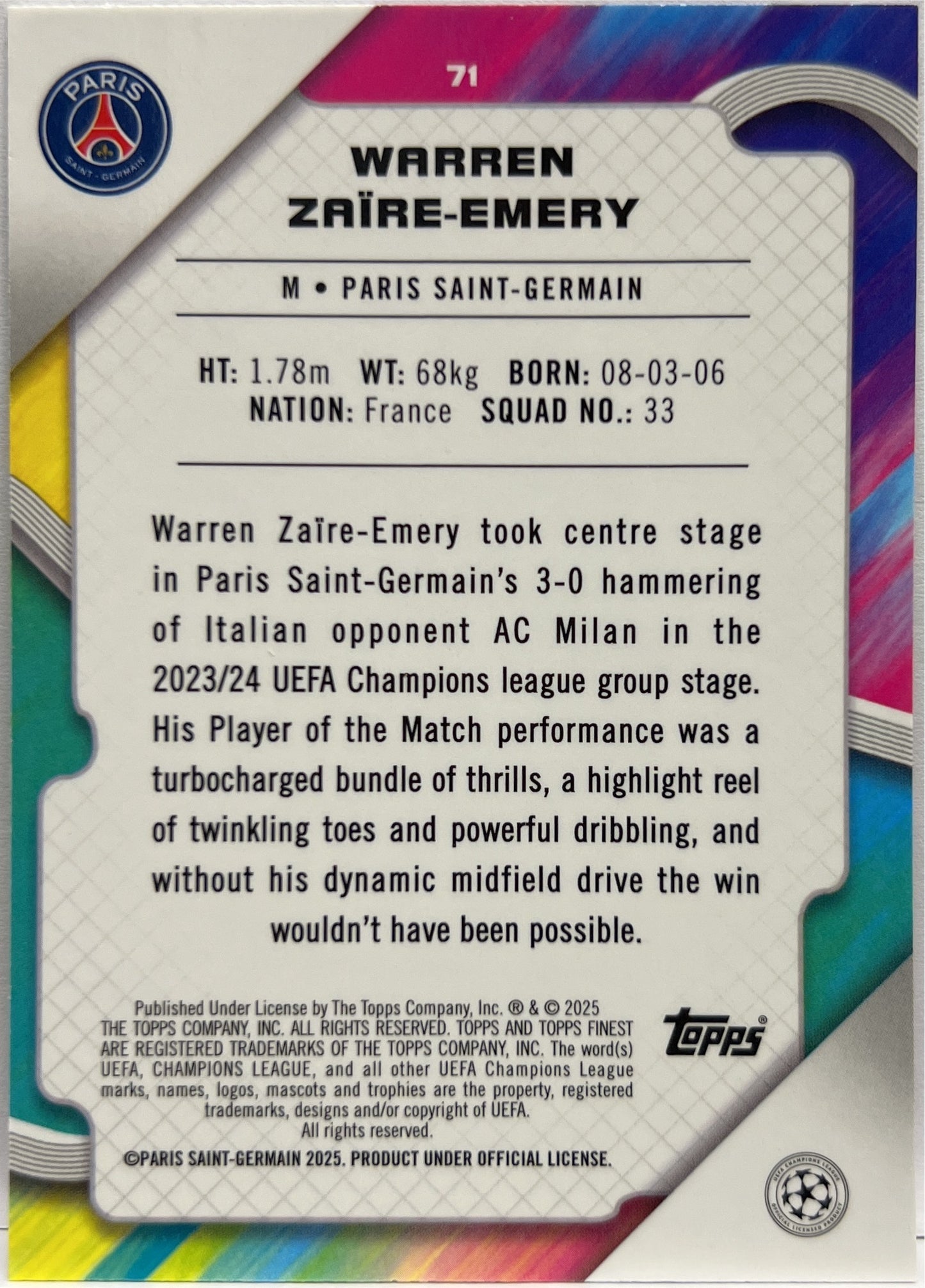 Warren Zaire Emery 125/250 Pink Raywave Topps Finest UCC 2024/25