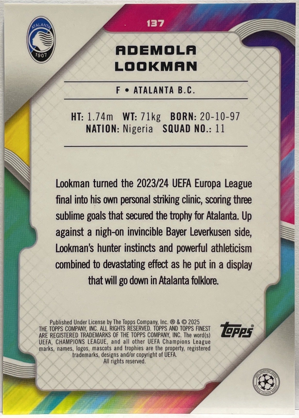Ademola Lookman 7/10 Black Topps Finest UCC 2024/25