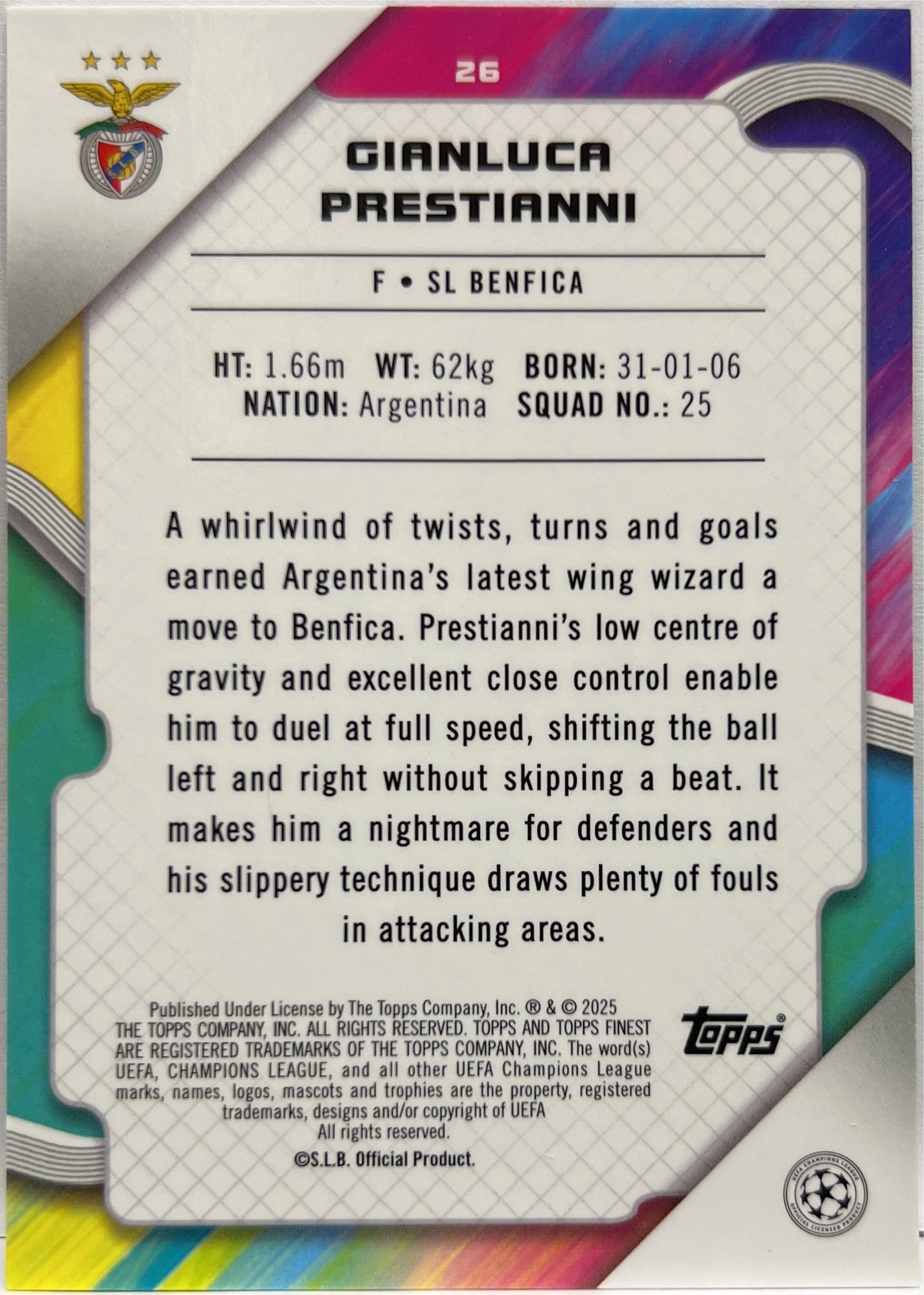 Gianluca Prestianni 108/199 Rookie Purple Lava Topps Finest UCC 2024/25