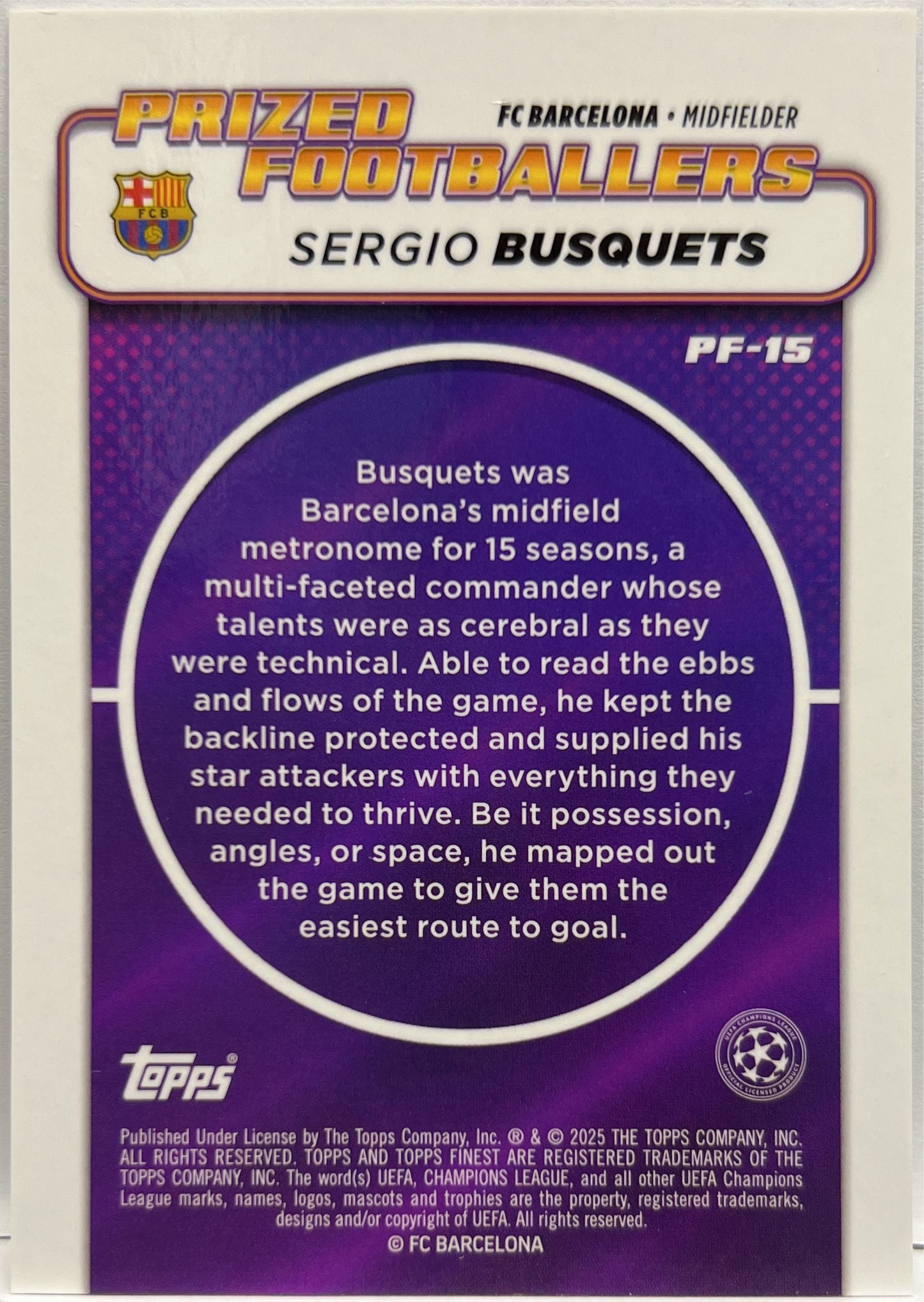 Sergio Busquets 39/50 Prized Footballers Gold Topps Finest UCC 2024/25