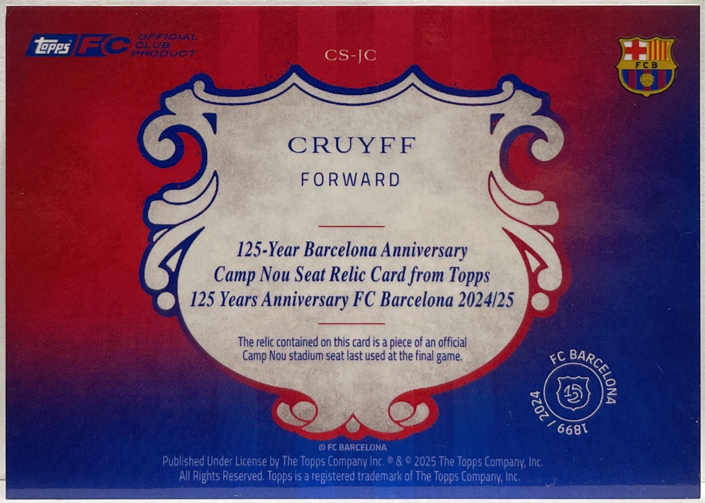 Cruyff 11/99 Patch Seat Relic Topps Barcelona 125 2024/25