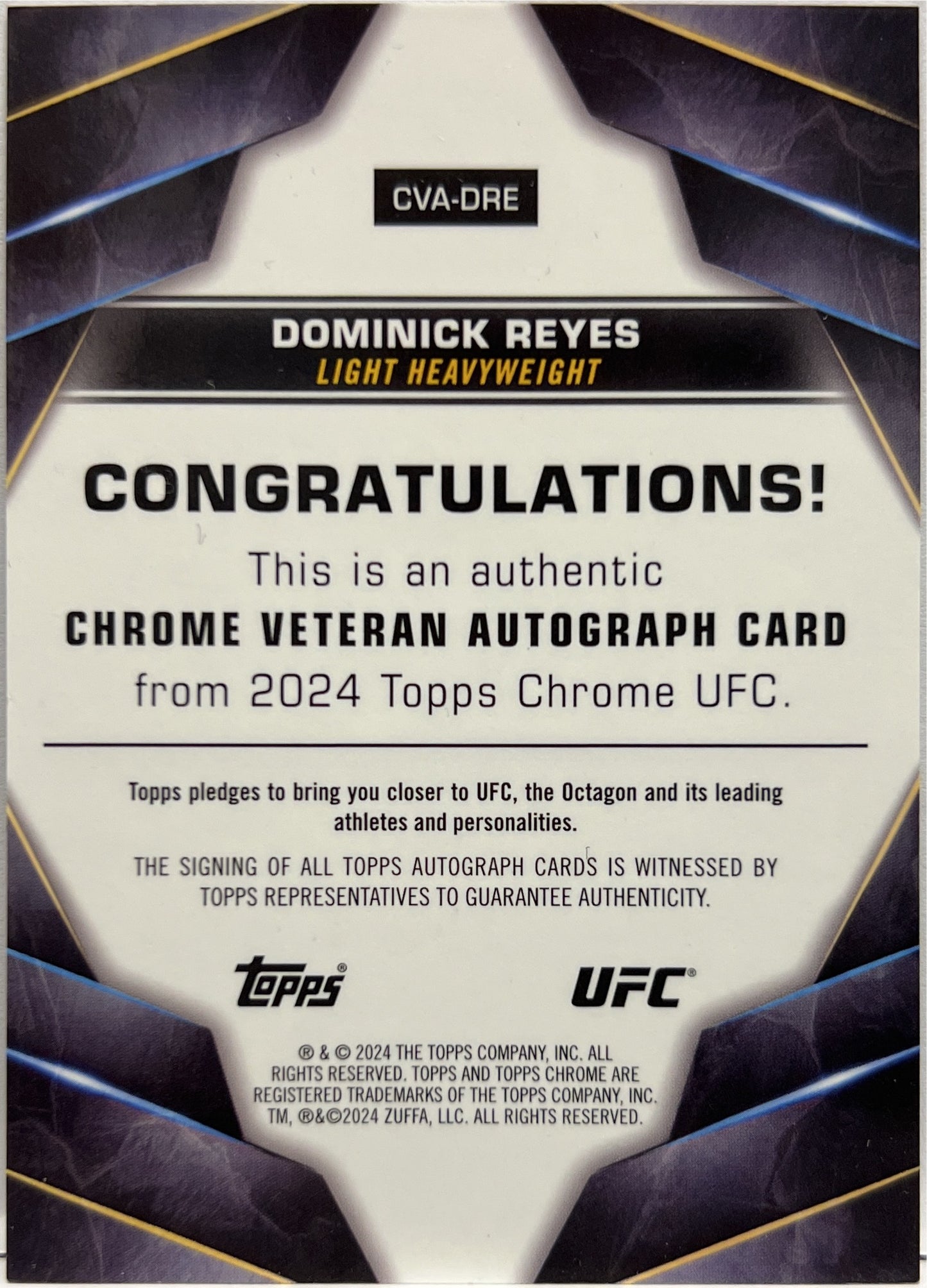 Dominick Reyes Autograph Veteran Topps Chrome UFC 2024