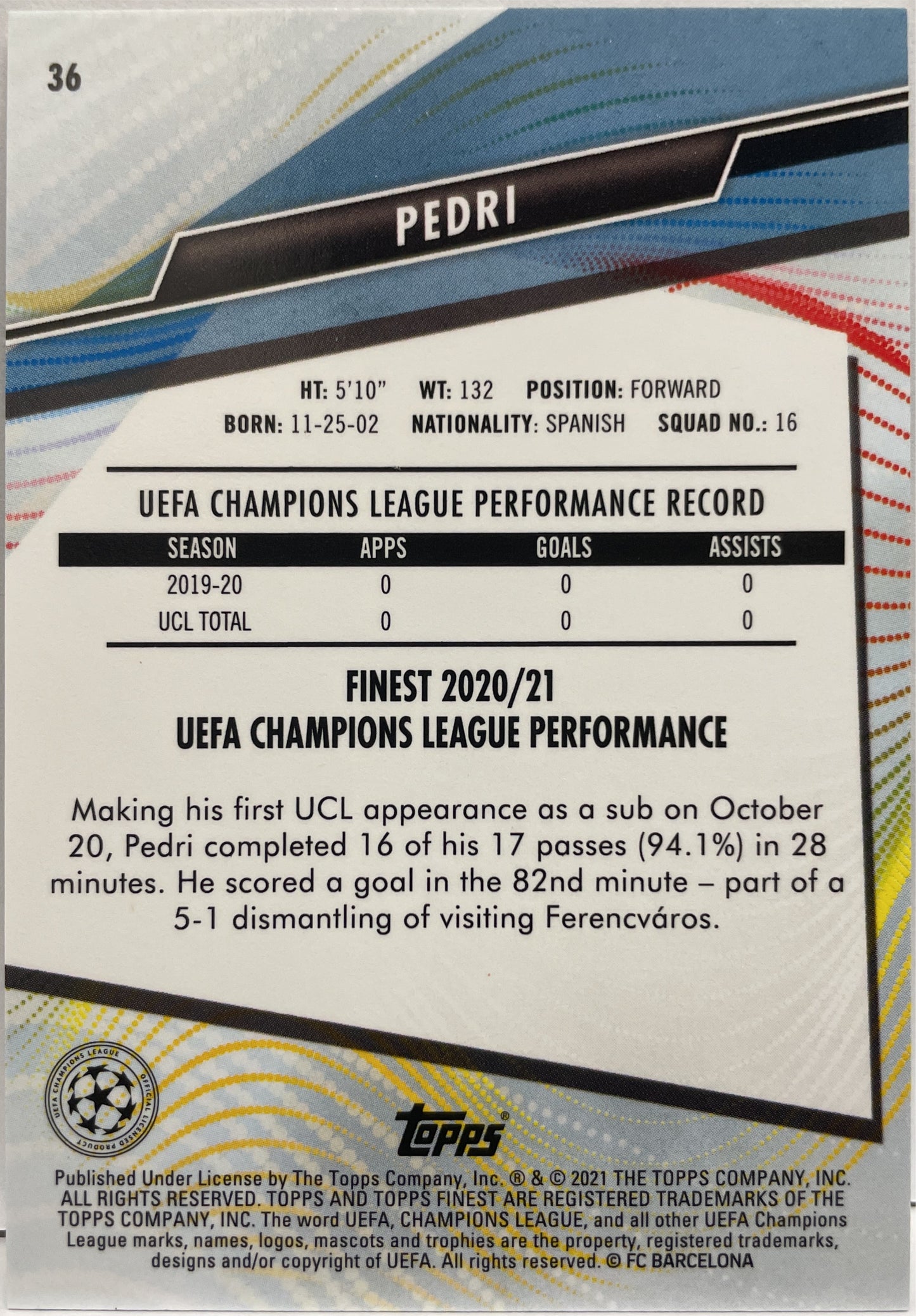 Pedri Rookie Topps Finest UCL 2020/21