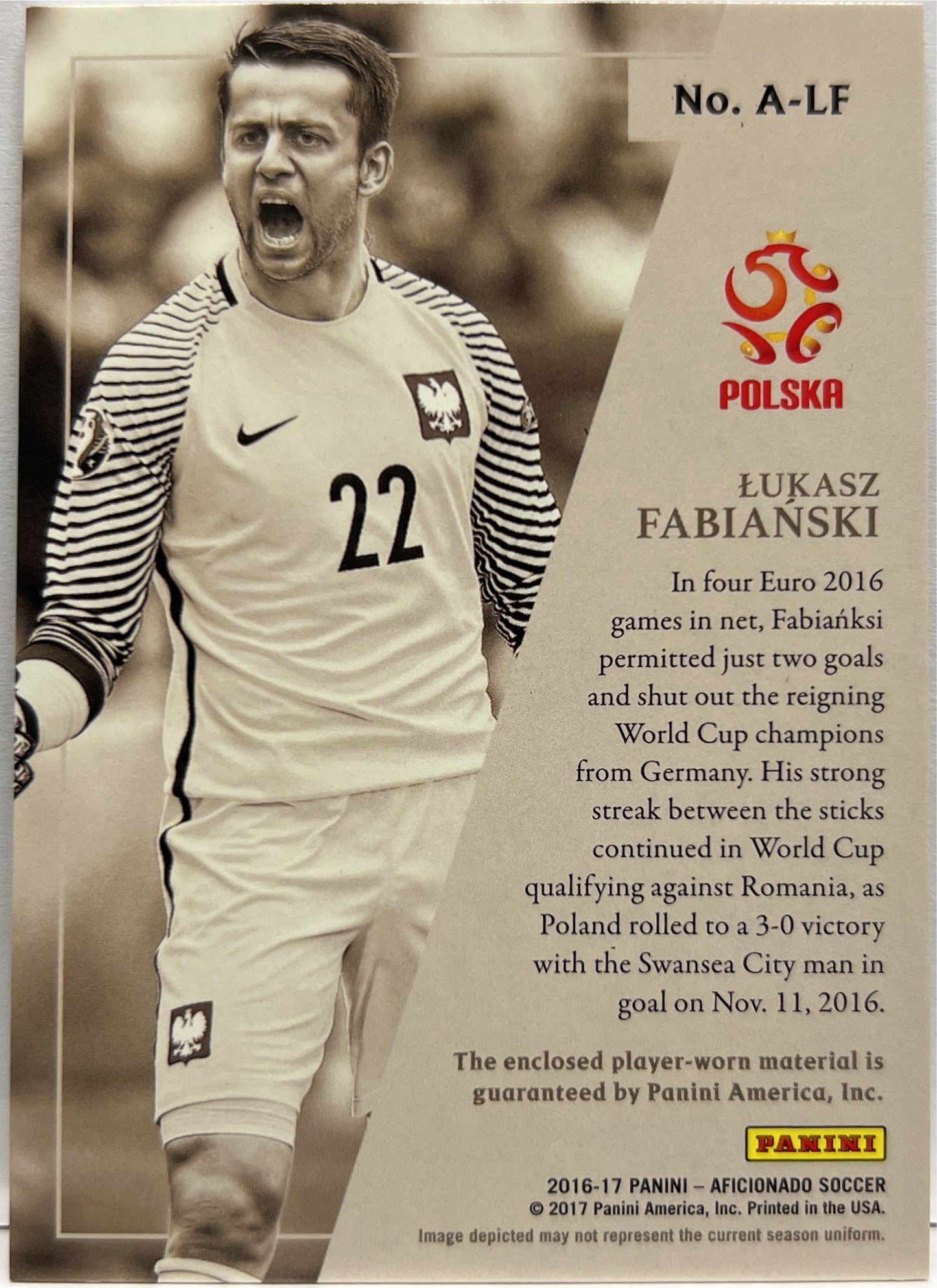Lukasz Fabianski 186/199 Patch Authentics Panini Aficionado 2016/17